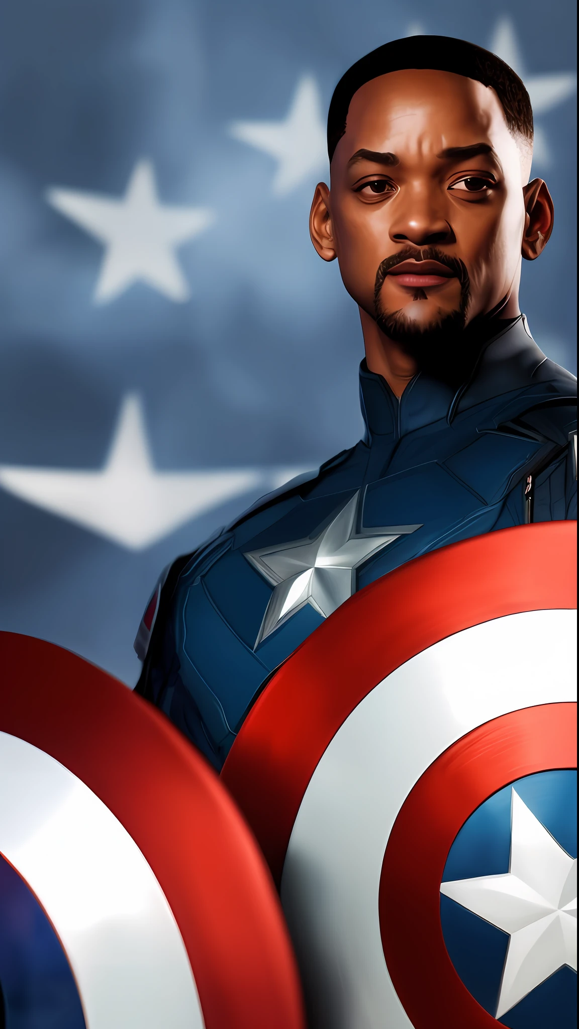 . .Tarantino style Will Smith as Captain America 8k, high definition, detailed face, detailed face, detailed eyes, detailed suit, in style of marvel and dc, hyper-realistic, + cinematic shot + dynamic composition, incredibly detailed, sharpen, details + superb details + evening with light + perfectionism + award winning realism ((moody lighting))