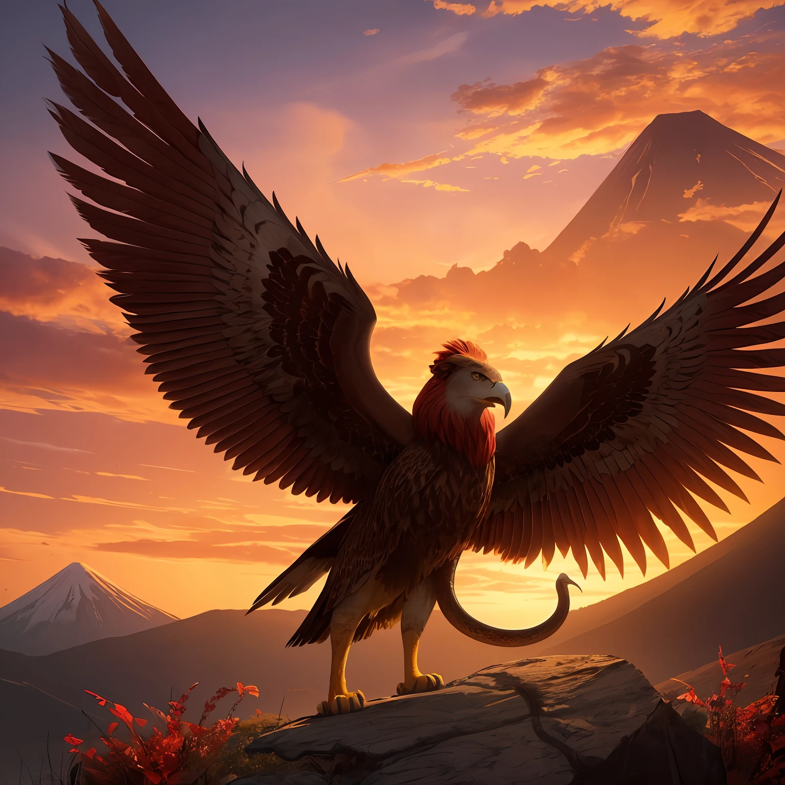 Lion, red feathers, horns, claws, sharp teeth, open mouth, snake tail, eagle wings, detail image, 8k, realistic picture, red sky, full body: 1.3, volcano scene --auto