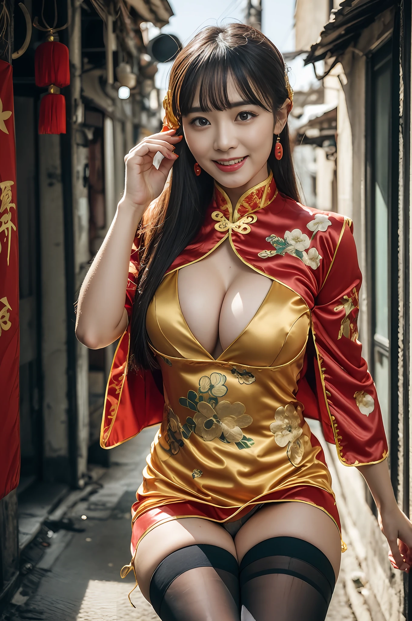 (((long Traditional Chinese costumes outfit comes off))),(((view full body))),(((Show cleavage))),(((bare inner thigh)))、(((show side breast))),(((detached sleeves))),(((over-kneehighs))),ulzzang-6500-v1.1, (Raw photo:1.2), (Photorealsitic:1.4), a beautiful detailed girl, extremely detailed eye and face, beautiful detailed eyes, ultra-detailed, High resolution, top-quality, ​masterpiece, ighly detailed, 8k wallpaper, magnifica, finely detail, top-quality, Light on the face,电影灯光,1girl in,(Kowloon City),Beautiful eyes,a smile,Opening Mouth,(((pants wedged between buttocks)))、Lace-rimmed panties