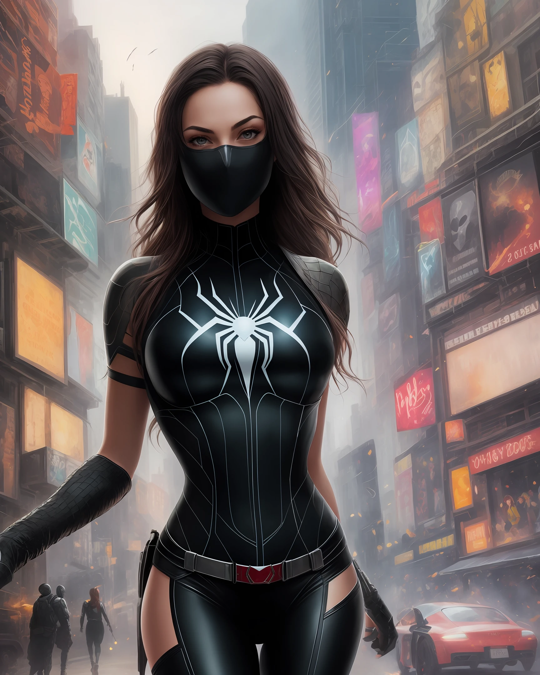 Spider - woman, fine art, symbiote, highly detailed spider - man, venom symbiote, detailed cinematic rendering, ultra photorealistic raytricing, Realistic painting with cinematic lighting,full bodyesbian:1.6,walking pose,Slow motion,(Rogue thieves:1.2)woman,Multi-layer stitching,(White silk cloak),(Intricate patterned cloth:1.2),(insane detailed,blossom flower:1.5),(top-quality,Alessandro Casagrande, greg rutkovsky, Sally Mann, concept-art, 4K), (simulating:1.2), (High- sharpness), (detailedpupils:1.1), (painting of a:1.1), (digitial painting:1.1), detailed face with, eyes and body, tmasterpiece, best qualtiy, (Highly detailed photo:1.1), 8K, Photorealsitic, (long curve hair, ecstasy:1.ung woman:1.1), Jeremy Mann, sandra chevrier, Maciej Kuciara, sharpie, (perfect bodies:1.1), realisticlying, True shadows, 3D,(European castle background:1.2),(Michelangelo),angel of death,Innocent,The eye,diadems,Angel wings,Blackn clothes,full bodyesbian,Behind the arm,Skysky,The halo,postapocalypse,Detailed armor,The abdomen is open,,Meizu tattoo on the abdomen,fishnet stockings,Back wings ,