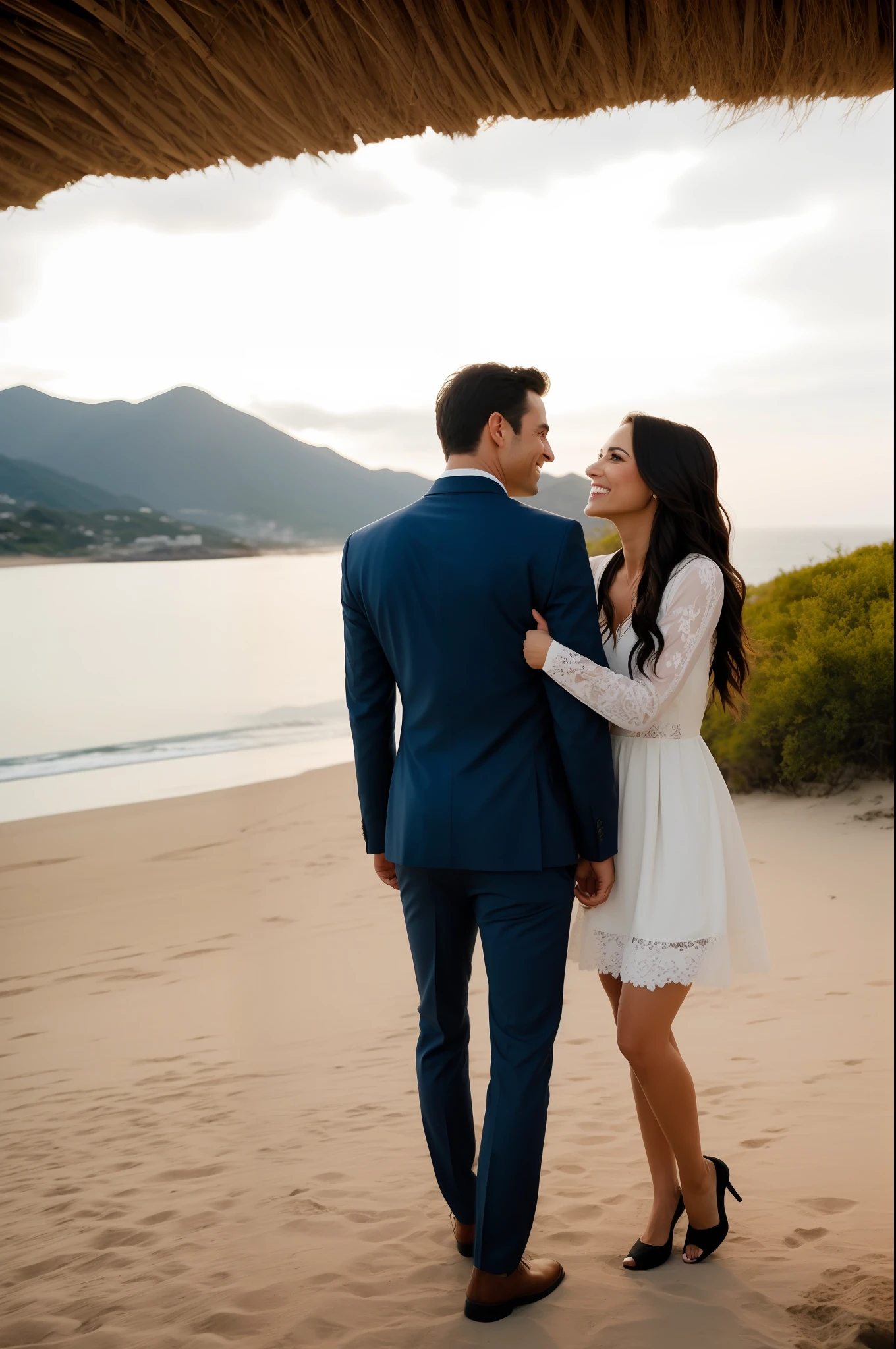 As the camera clicks, The Beautiful Couple – A Stunning, Dark-skinned woman and a handsome white man - strike a pose. They are facing a beautiful landscape, maybe a busy city street or a romantic beach scene. Describe the energy between the two – there's a sense of playfulness?, amor ou talvez os dois?

While smiling at the camera, describe the details of their costume - they are dressed for a special occasion or they are rocking a casual, relaxed look? Holding hands or standing, exalando uma facilidade e intimidade naturais?

When the photo shoot comes to an end, Consider the story behind the couple's love. Como se conheceram? Descreva o momento em que souberam que deveriam estar juntos. What are some of your favorite things to do as a couple, or maybe an inside joke or story that the photo doesn't reveal?

As the photo is captured, You can almost feel his love radiating from the image. What amazing moments you see them sharing together in the future? What other adventures await this magnetic duo?

Neste momento, You see the passion and love that drives this magical union. Um verdadeiro testemunho do poder do amor!