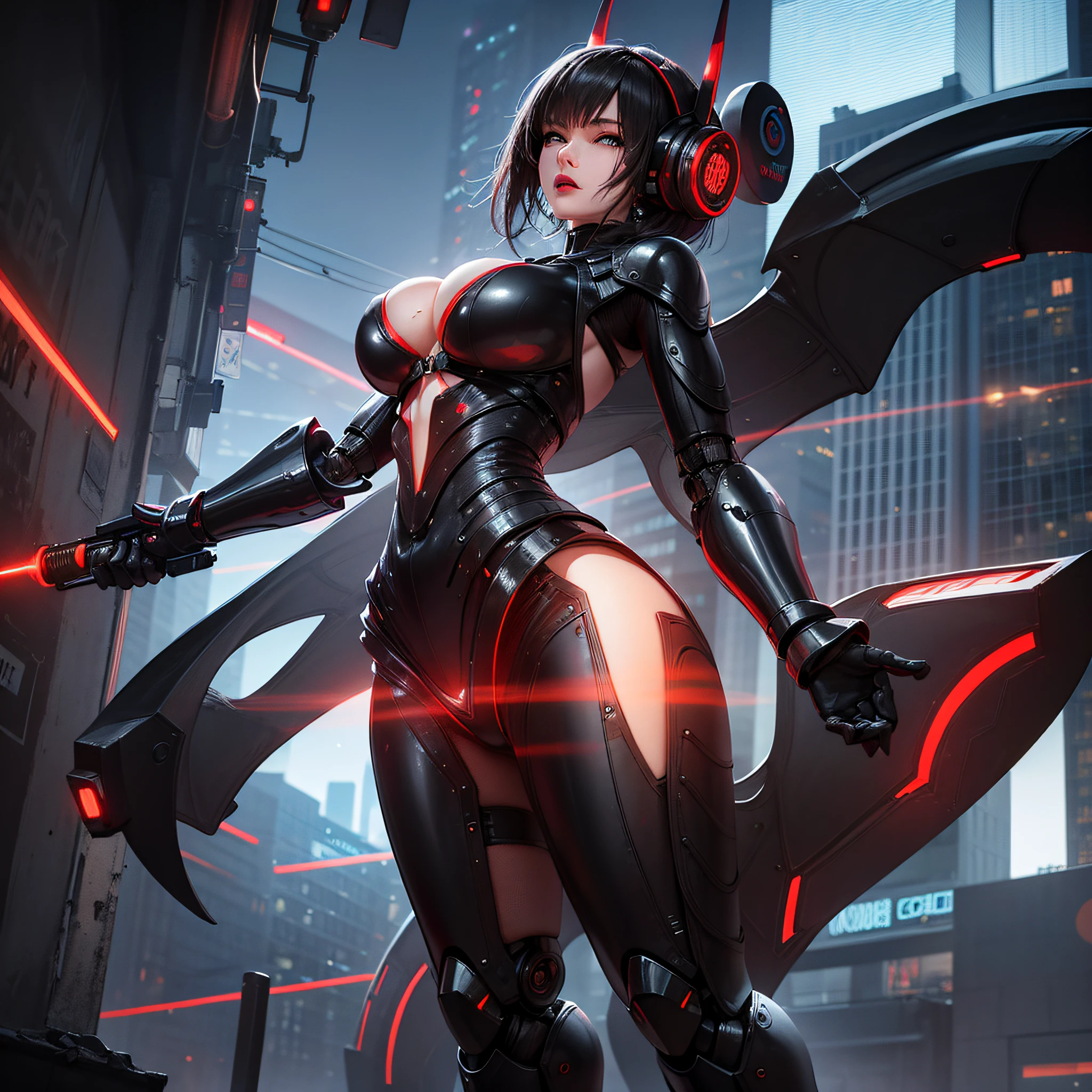 "Create a high-quality masterpiece featuring a cyberpunk bioweapon robot. The robot should have a machine gun arm, laser eye, and a sleek design. The robot should have a girl appearance with short hair and be dressed in a samurai costume, huge breasts, cleavage, wet body. The scene should take place in a vibrant futuristic city at night."