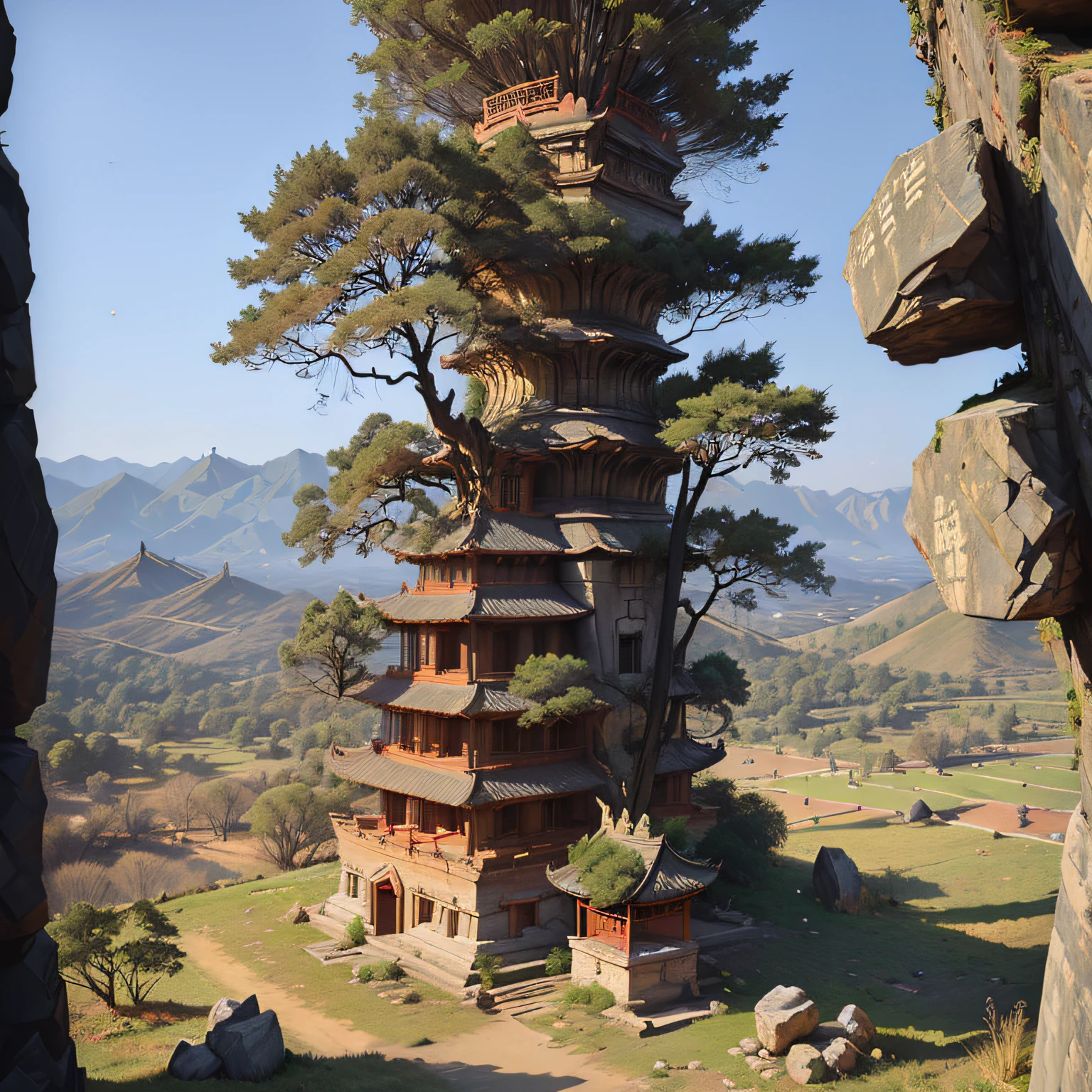 In the distance is a large pile of strange rocks,(High hills)Bristling,(ancient buildings of China)Strange tree --auto