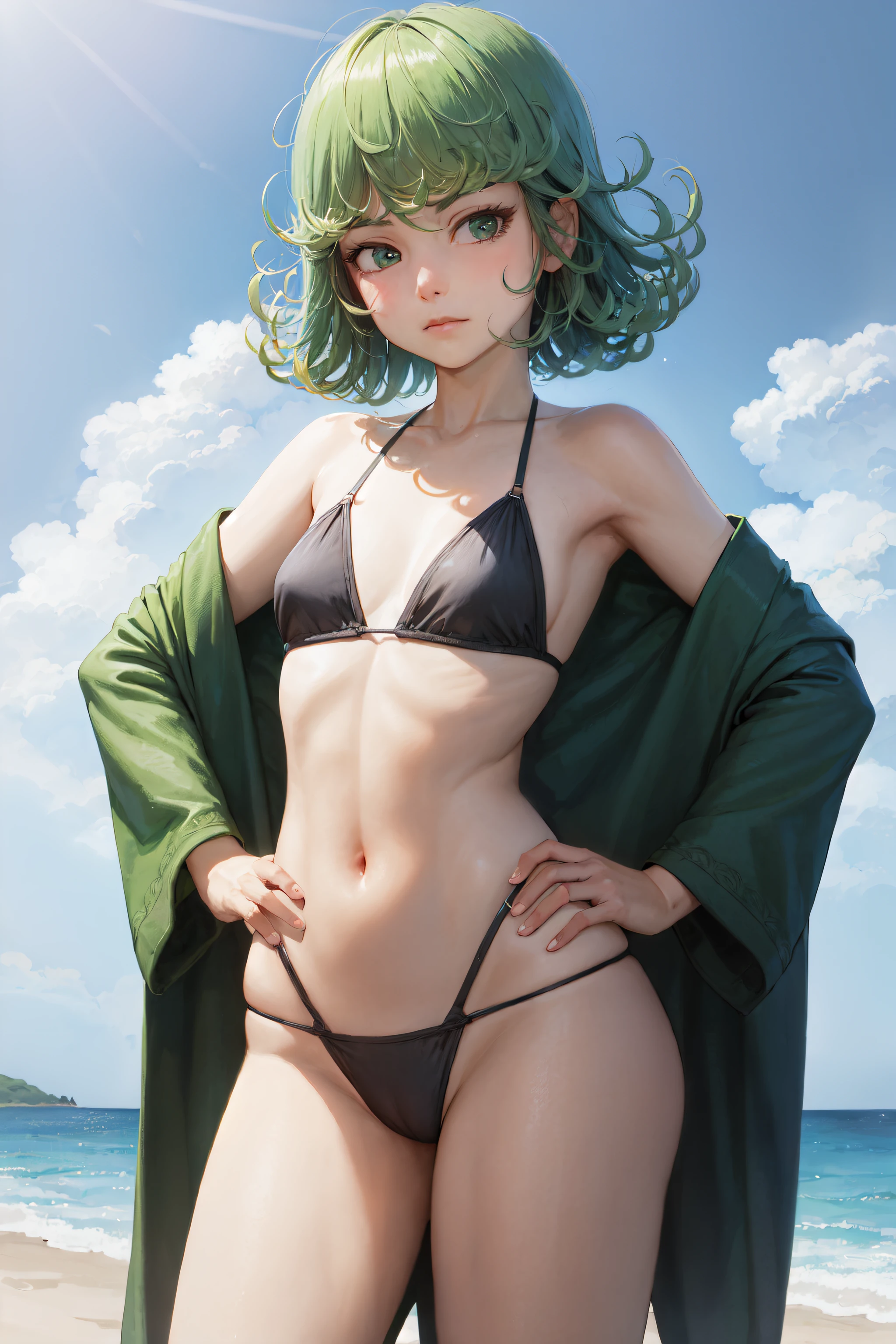 (masterpiece, best quality:1.2), cowboy shot, solo, 1girl, tatsumaki, unamused, closed mouth, looking at viewer, hand on hip, swimsuit, bikini, beach, small breasts