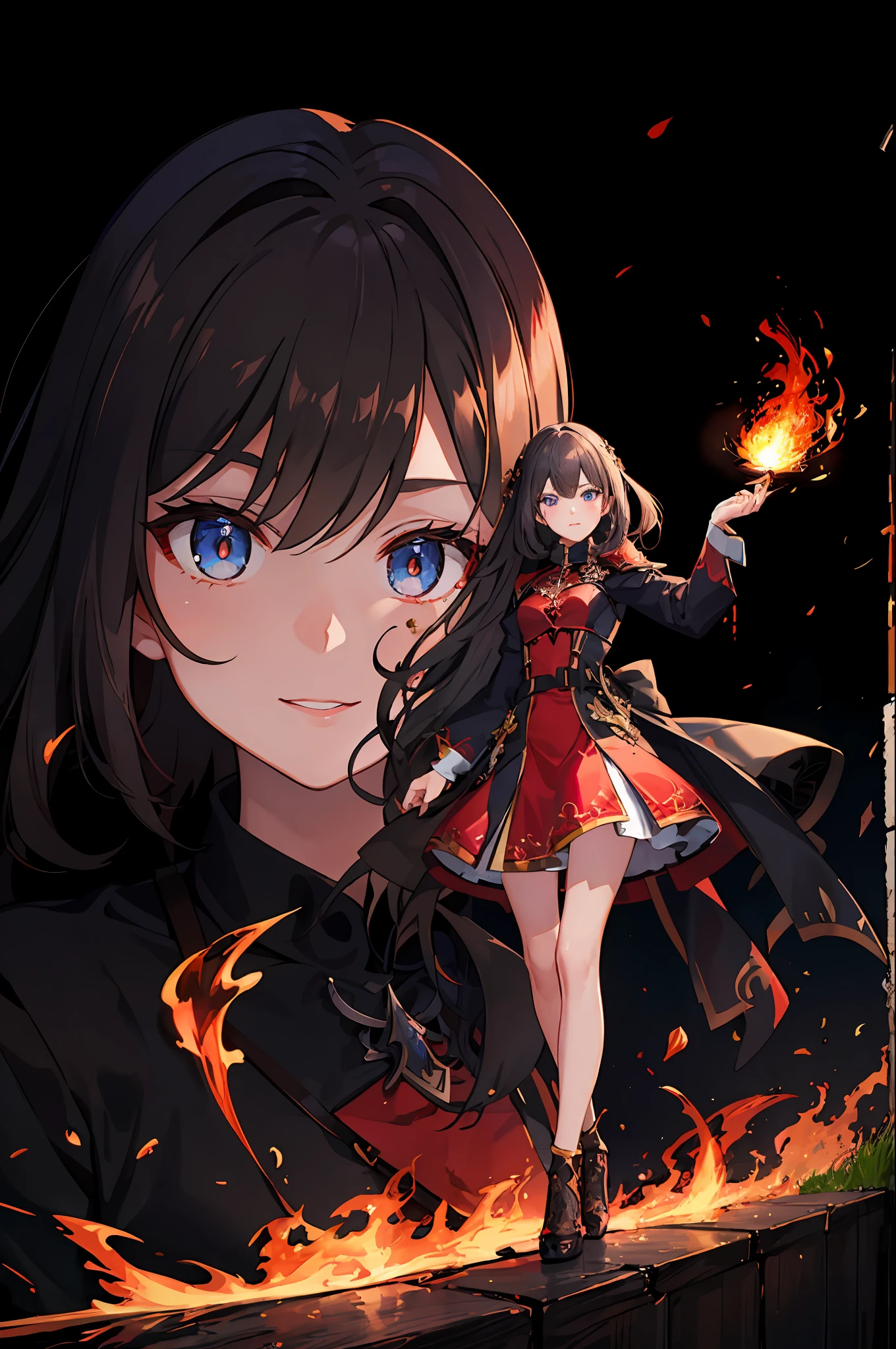 (best quality) (masterpiece), (detailed background, fantasy world), (beautiful detailed face:1.5), bleeding eyes dragon, smoke, flames, sparks, flying debris, intelive action, 1girl, Full body red armor, walk, 看at viewer,holding a sword,Full-body beauty,whaite hair,Pointed face,floated hair,Blue eyes,dynamic angle,blood splattere,sunraise,Fire magic,火焰