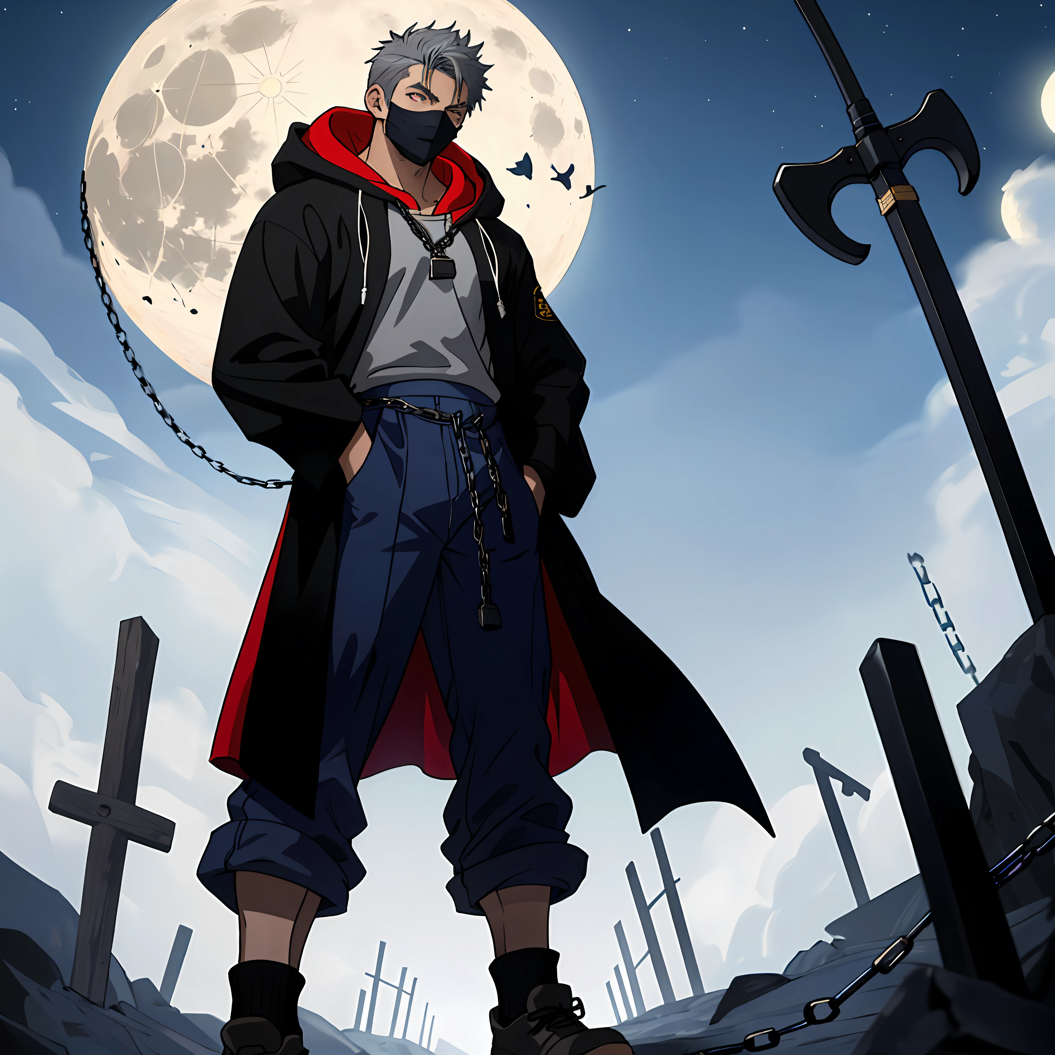 a Strong male,Thief costume,Delicate muscle lines,Bulge,There is the moon behind it,grey shirt,(Dark blue socks: 2.0),standing on your feet,Dark red robe,Cover half of your face,Hood,mask, grey pants,(Wearing a lot of chains: 1.8),expressiveless,Red sword,Gray hair,Look ahead,perfect eyes,Perfect work,Correct anatomy