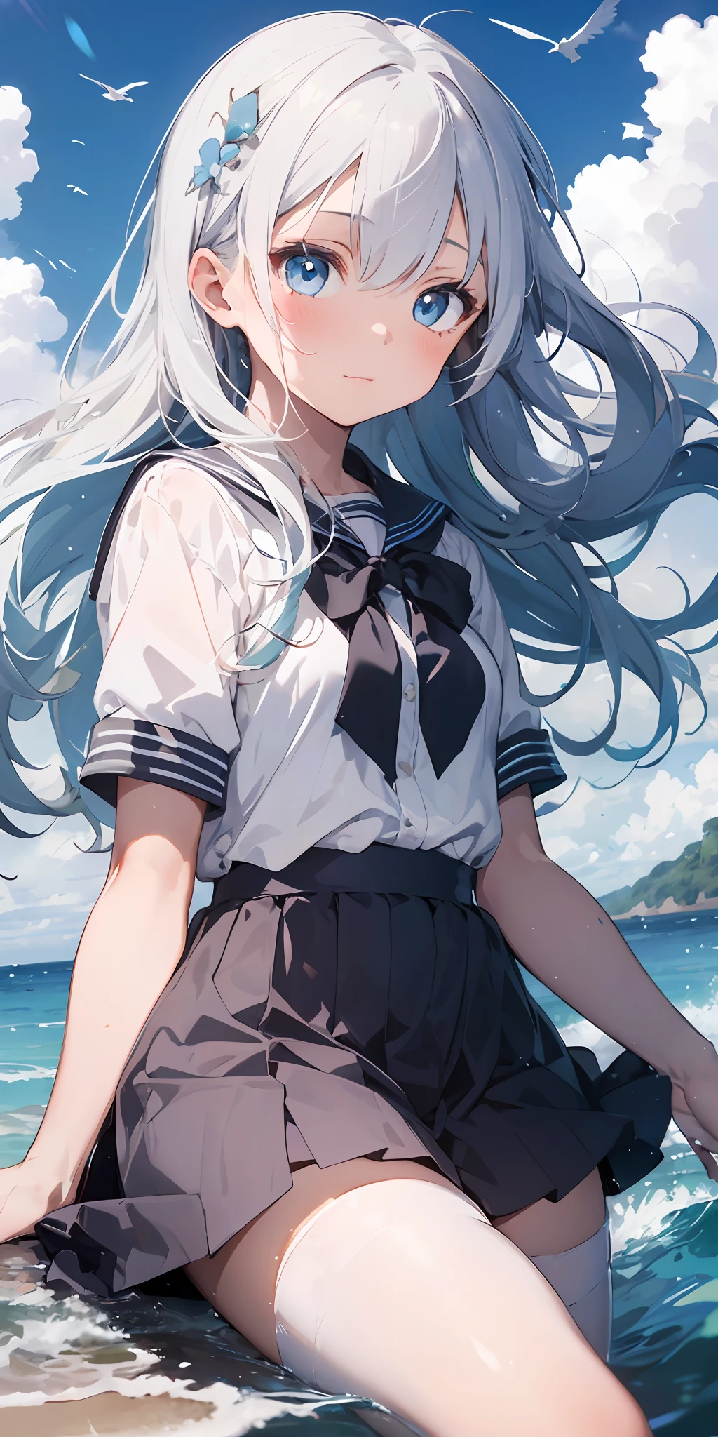 1girl, beautiful detailed eyes, long white hair, light blue eyes, school uniform, high white stocking, lustrous skin, seaside, beach, waves, high contrast, ((masterpiece, best quality))