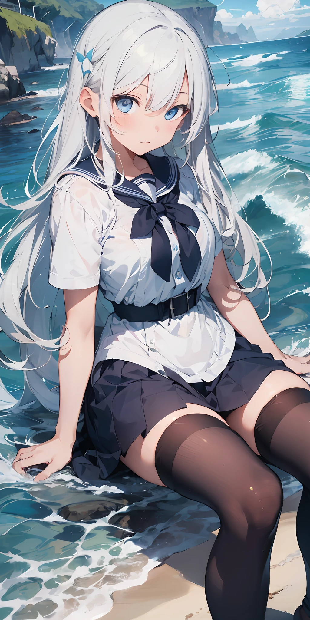 1girl, beautiful detailed eyes, long white hair, light blue eyes, school uniform, high white stocking, lustrous skin, seaside, beach, waves, high contrast, ((masterpiece, best quality))