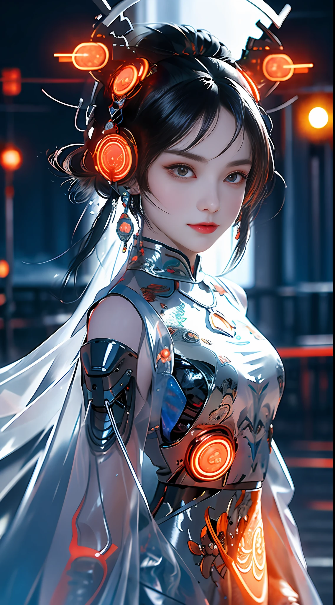 1 girl, Chinese_clothes, liquid silver and orange, cyberhan, cheongsam, cyberpunk city, dynamic pose, detailed luminous headphones, glowing hair accessories, long hair, glowing earrings, glowing necklace, cyberpunk, high-tech city, full of mechanical and futuristic elements, futuristic, technology, glowing neon, orange, orange light, transparent tulle, transparent streamers, laser, digital background urban sky, big moon, with vehicles, best quality, masterpiece, 8K, character edge light, Super high detail, high quality, the most beautiful woman in human beings, micro smile, face facing front and left and right symmetry, ear decoration, beautiful pupils, light effects, visual data, silver white hair, super detail facial texture