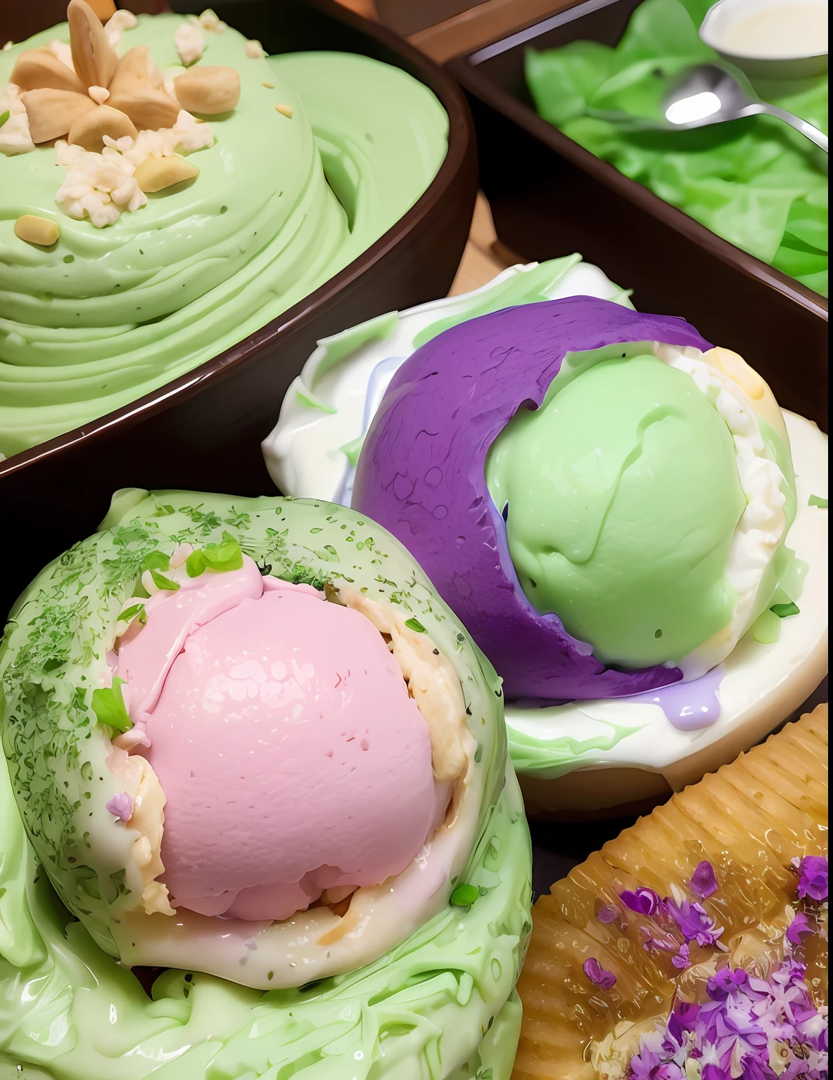 Two different types of desserts are held in hand，Green and purple，On the side is ice cream，8K)),，Green and purple，ice cream，Lush big breasts，delicacy，Glutinous rice，Mochi，Tasty