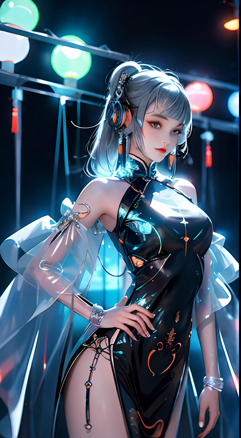 1 girl, Chinese_clothes, liquid silver and orange, cyberhan, cheongsam, cyberpunk city, dynamic pose, detailed luminous headphones, glowing hair accessories, long hair, glowing earrings, glowing necklace, cyberpunk, high-tech city, full of mechanical and futuristic elements, futuristic, technology, glowing neon, orange, orange light, transparent tulle, transparent streamers, laser, digital background urban sky, big moon, with vehicles, best quality, masterpiece, 8K, character edge light, Super high detail, high quality, the most beautiful woman in human beings, micro smile, face facing front and left and right symmetry, ear decoration, beautiful pupils, light effects, visual data, silver white hair, super detail facial texture