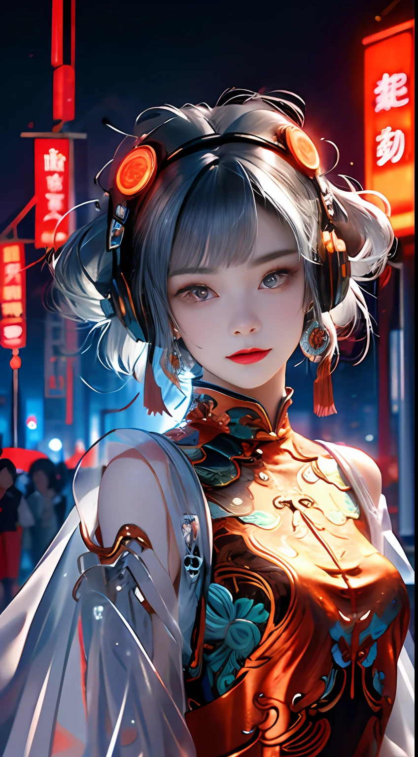 1 girl, Chinese_clothes, liquid silver and orange, cyberhan, cheongsam, cyberpunk city, dynamic pose, detailed luminous headphones, glowing hair accessories, long hair, glowing earrings, glowing necklace, cyberpunk, high-tech city, full of mechanical and futuristic elements, futuristic, technology, glowing neon, orange, orange light, transparent tulle, transparent streamers, laser, digital background urban sky, big moon, with vehicles, best quality, masterpiece, 8K, character edge light, Super high detail, high quality, the most beautiful woman in human beings, micro smile, face facing front and left and right symmetry, ear decoration, beautiful pupils, light effects, visual data, silver white hair, super detail facial texture