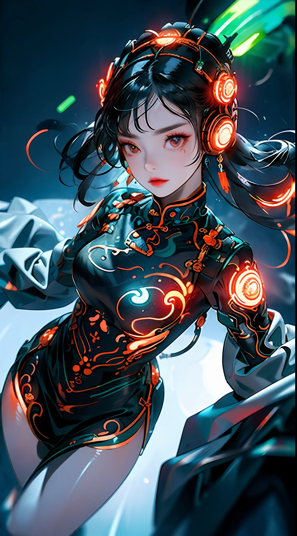 1 girl, Chinese_clothes, black and orange, cyberhan, cheongsam, cyberpunk city, dynamic pose, glowing headphones, glowing hair accessories, long hair, glowing earrings, glowing necklace, long straight hair flying messy, silver hair, cyberpunk, high-tech city, full of mechanical and futuristic elements, futurism, technology, glowing neon, orange, orange light, laser, digital background city sky, big moon, with vehicle, best quality, masterpiece, 8K, character edge light, Super high detail, high quality, the most beautiful woman in human beings, background many advertising light boxes