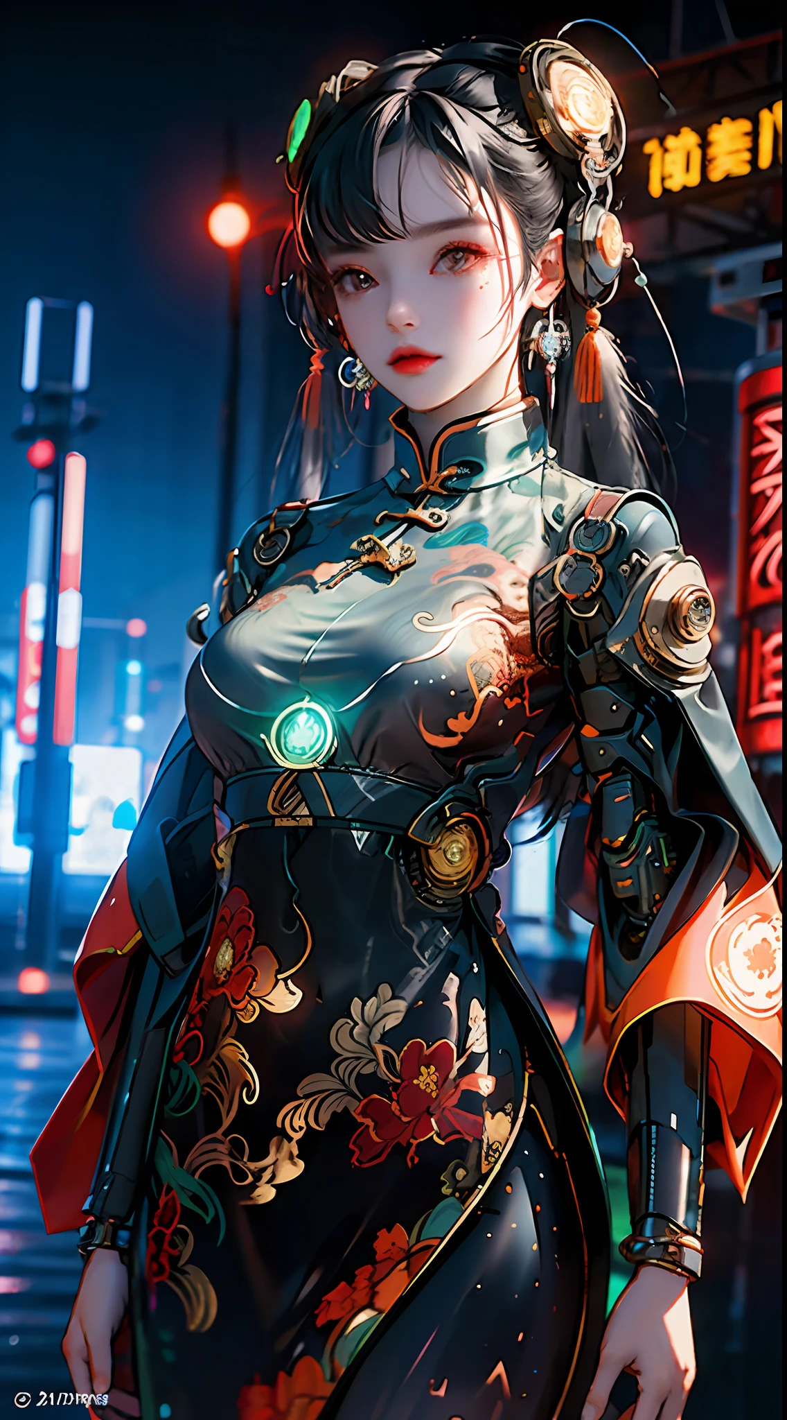 1 girl, Chinese_clothes, black and orange, cyberhan, cheongsam, cyberpunk city, dynamic pose, glowing headphones, glowing hair accessories, long hair, glowing earrings, glowing necklace, long straight hair flying messy, silver hair, cyberpunk, high-tech city, full of mechanical and futuristic elements, futurism, technology, glowing neon, orange, orange light, laser, digital background city sky, big moon, with vehicle, best quality, masterpiece, 8K, character edge light, Super high detail, high quality, the most beautiful woman in human beings, background many advertising light boxes