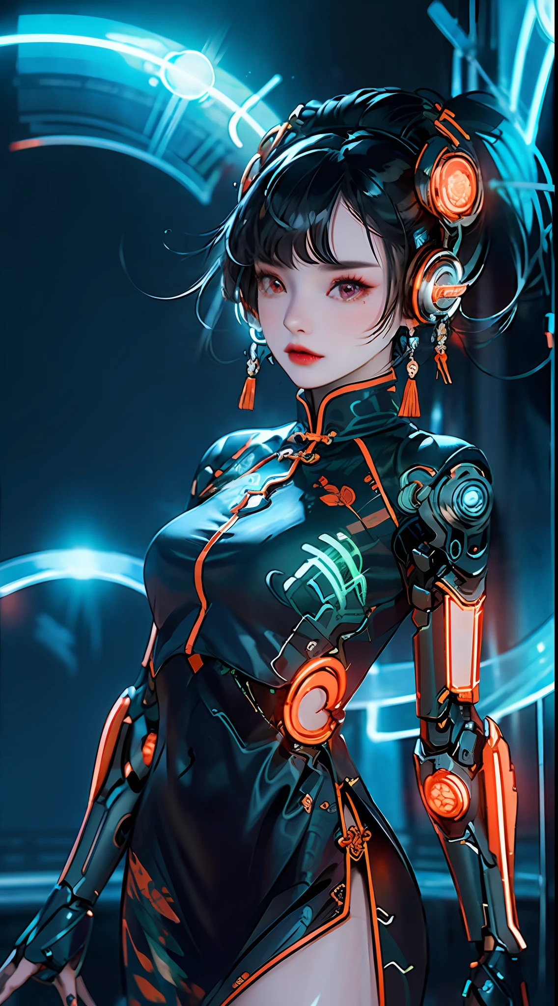 1 girl, Chinese_clothes, black and orange, cyberhan, cheongsam, cyberpunk city, dynamic pose, glowing headphones, glowing hair accessories, long hair, glowing earrings, glowing necklace, long straight hair flying messy, silver hair, cyberpunk, high-tech city, full of mechanical and futuristic elements, futurism, technology, glowing neon, orange, orange light, laser, digital background city sky, big moon, with vehicle, best quality, masterpiece, 8K, character edge light, Super high detail, high quality, the most beautiful woman in human beings, background many advertising light boxes