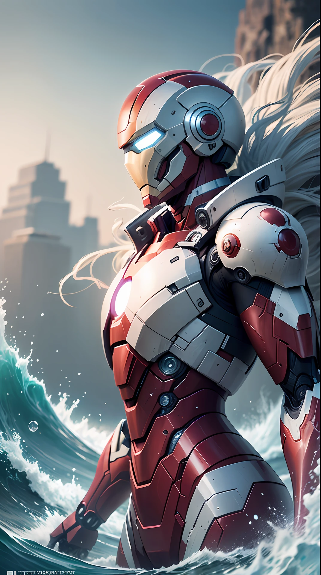 Superior Marvel's Iron Man photography, biomechanical, Complex Robot, Full growth, hyper realistic, Crazy little details, extremely clean lines, Cyberpunk aesthetic, Masterpiece featured at Zbrush Central. His armor is pure white titanium, a futuristic masterpiece of sci-fi, glowing under the soft studio light. The suit's details are meticulously designed, with a level of detail worthy of an ArtStation digital painting. The contrast of the armor with the sea and waves creates a very beautiful and elegant composition. The Nikon Z7 camera model has allowed capturing the minutest details, with its Nikon AF-S NIKKOR 70-200mm f/2.8E FL ED VR lens and configuration of f/4 aperture, 1/60 speed and ISO 200. The dramatic lighting and smooth, sharp focus are testament to the wonders that modern camera technology can achieve. The image has been processed with a –s 6000 rendering, resulting in a visually impressive finish –chaos 60 (aspect ratio 1:1) –w 1920 –h 1920 --auto --s2