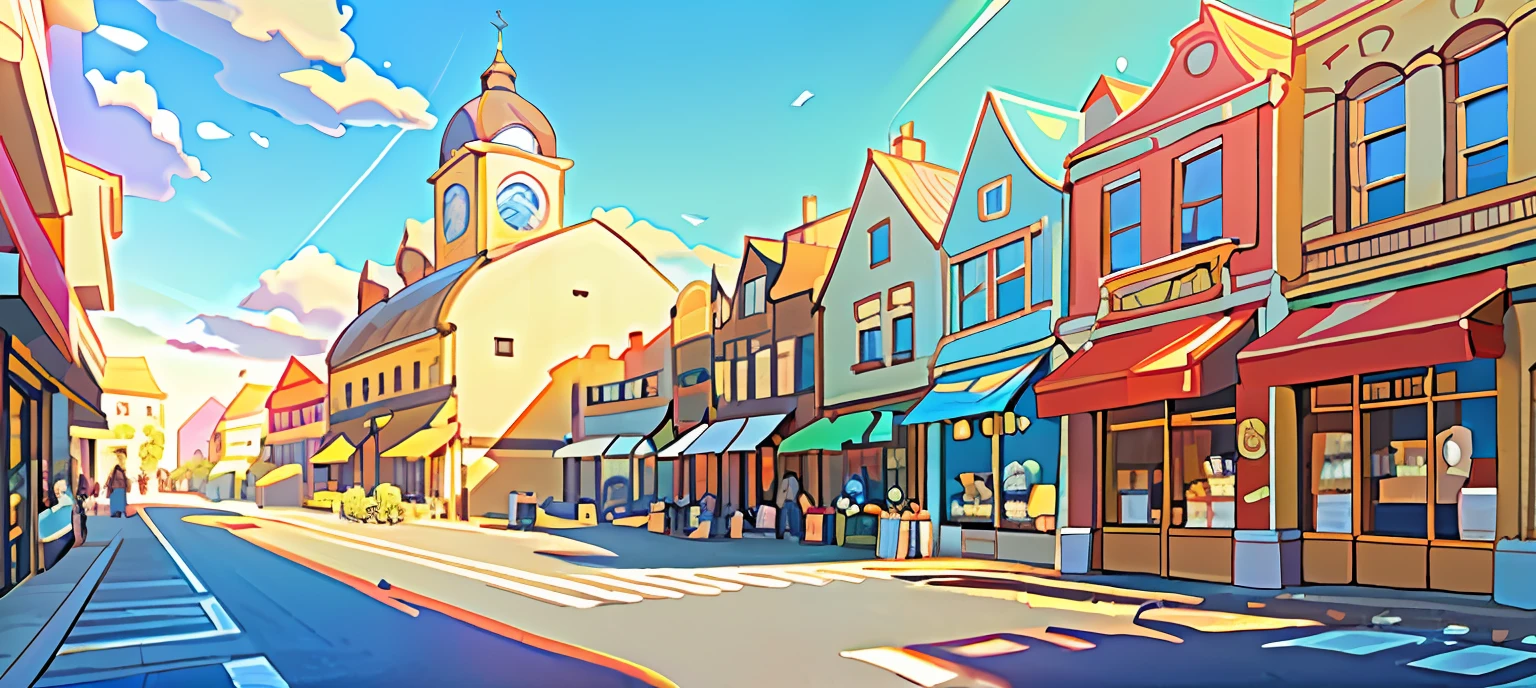 masterpiece, best quality, a city, town, shops, backdrop, sunny day, mid day, sun light rays, sunlight, landscape, background