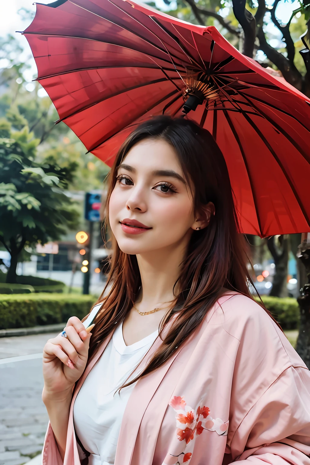 master part, best quality, Woman, usando quimono azul, hand holding umbrella, good hand, pele detalhada, foco nítido, soft lighting, Dynamic angle, Rosto detalhado,