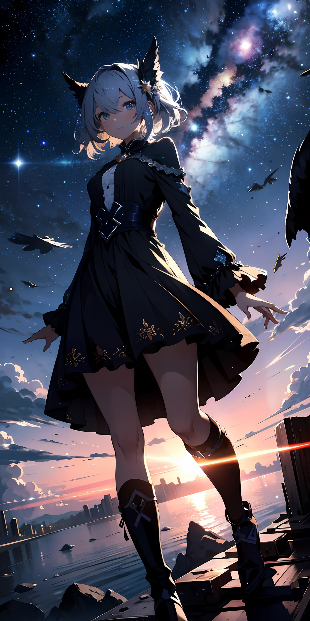 Ridiculous resolution, A high resolution, (masterpiece:1.4), ultra - detailed, starrysky, looking from above, the space, afloat,high qulity,The is very detailed,Cinematic lighting effects