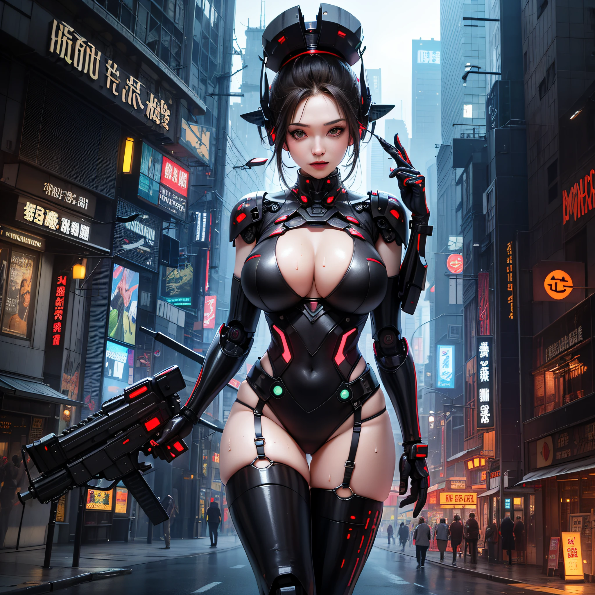 "Create a high-quality masterpiece featuring a cyberpunk bioweapon robot. The robot should have a machine gun arm, laser eye, and a sleek design. The robot should have a girl appearance with short hair and be dressed in a geisha costume, huge breasts, cleavage, wet body. The scene should take place in a vibrant futuristic city at night."