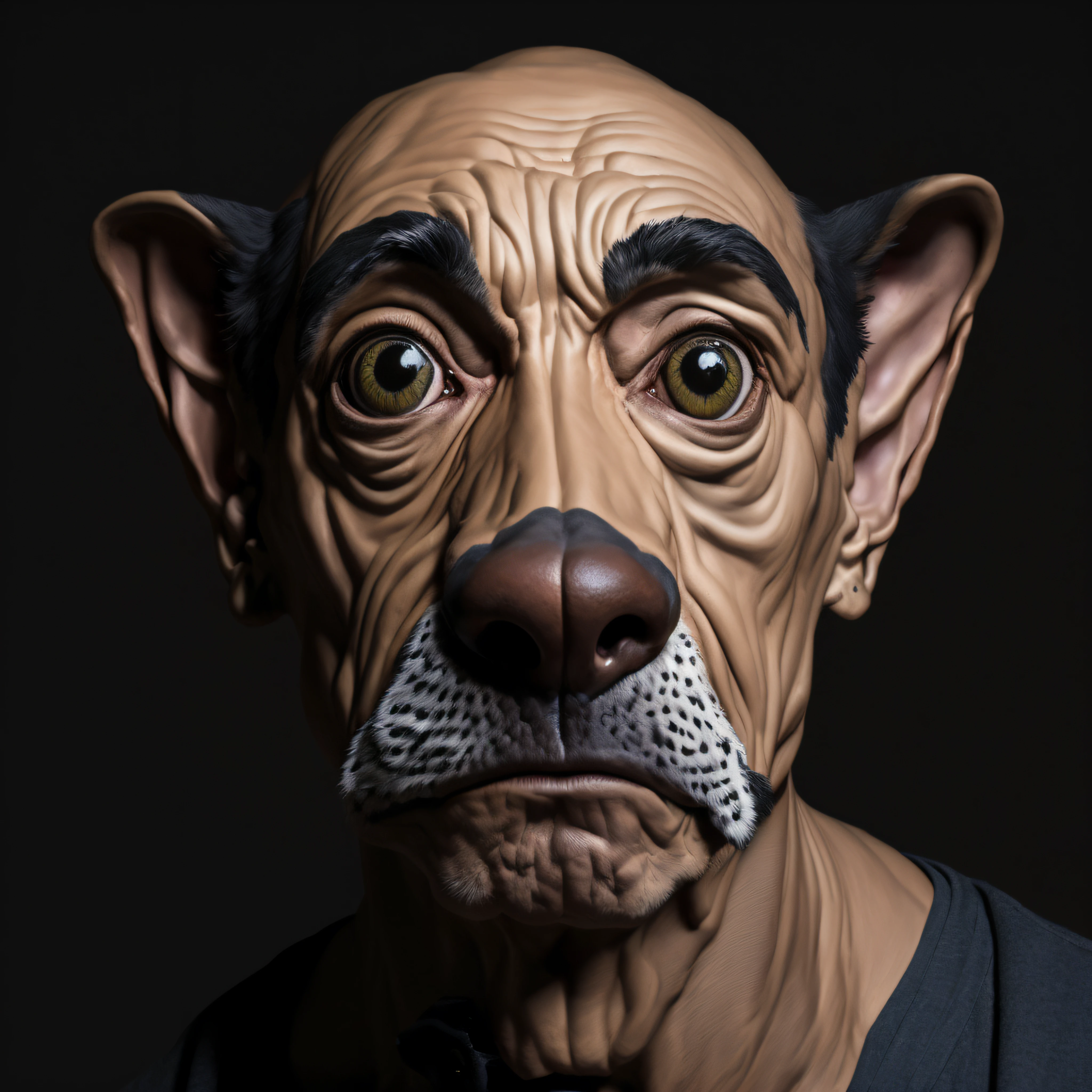 Man with a fake dog mask on his face, dog - faced muscular goblin, morphing dog head, "Retrato de um animal de desenho animado, dog head, Retrato de um Duende, com o rosto muito detalhado, Hiper-realista Jeff Goldblum, rosto e ouvidos muito detalhados, retrato de weta disney, wolfgang lettl altamente detalhado, medium portrait of a goblin --auto