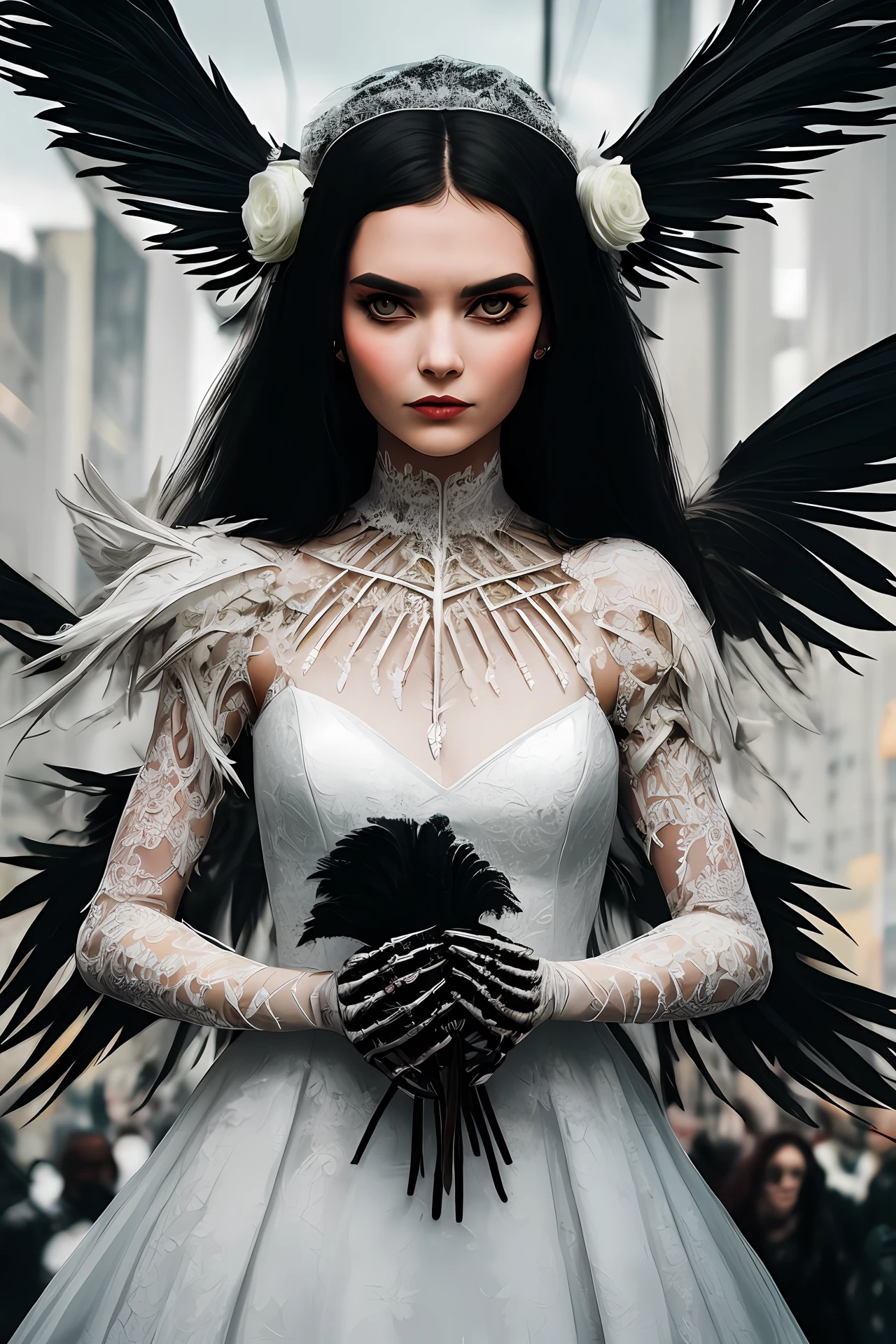 Girl-bride, fluffy dress made of black feathers, lace bride cyberpunk, Bouquet of bones in your hands, Lace made of bones, neonlight, Menacing gaze