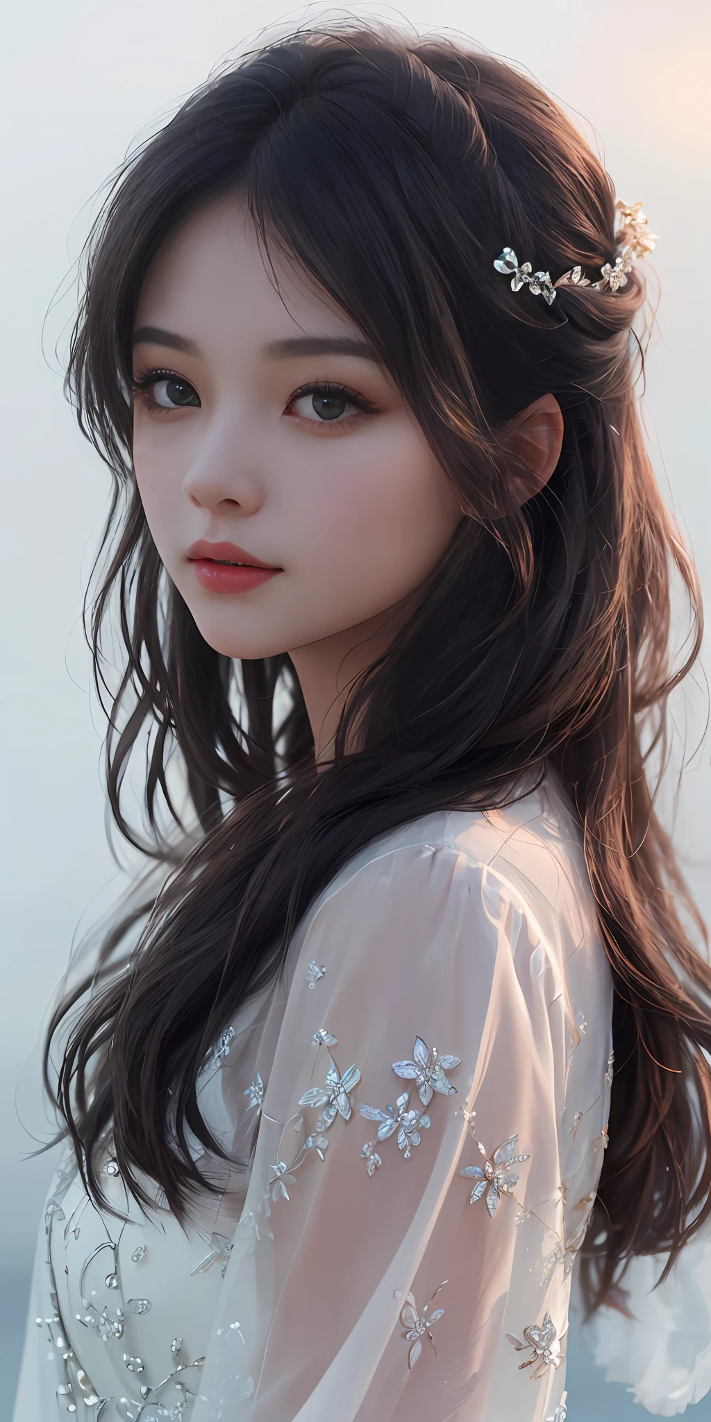 (20 years girl:1.3), 独奏, (((extra detailed face)))), ((extremely detailed eye and face)))), beautiful finely detailed eyes, ultra-detailliert, Beautiful and beautiful, Beautiful fece, masterpiece, top-quality, Original, masterpiece, ultra fine photos, top-quality, 超A high resolution, Realistic realism, sunlights, Amazing beauty, delicated face,, (from the front side)、A detailed face、highlydetailed skin、realistic skin detail、Visible Pore、Clear focus、Volumetric fog、8K UHD、Digital SLR、hightquality、film grains、fair white skin、Black eyes、 Dark hair、