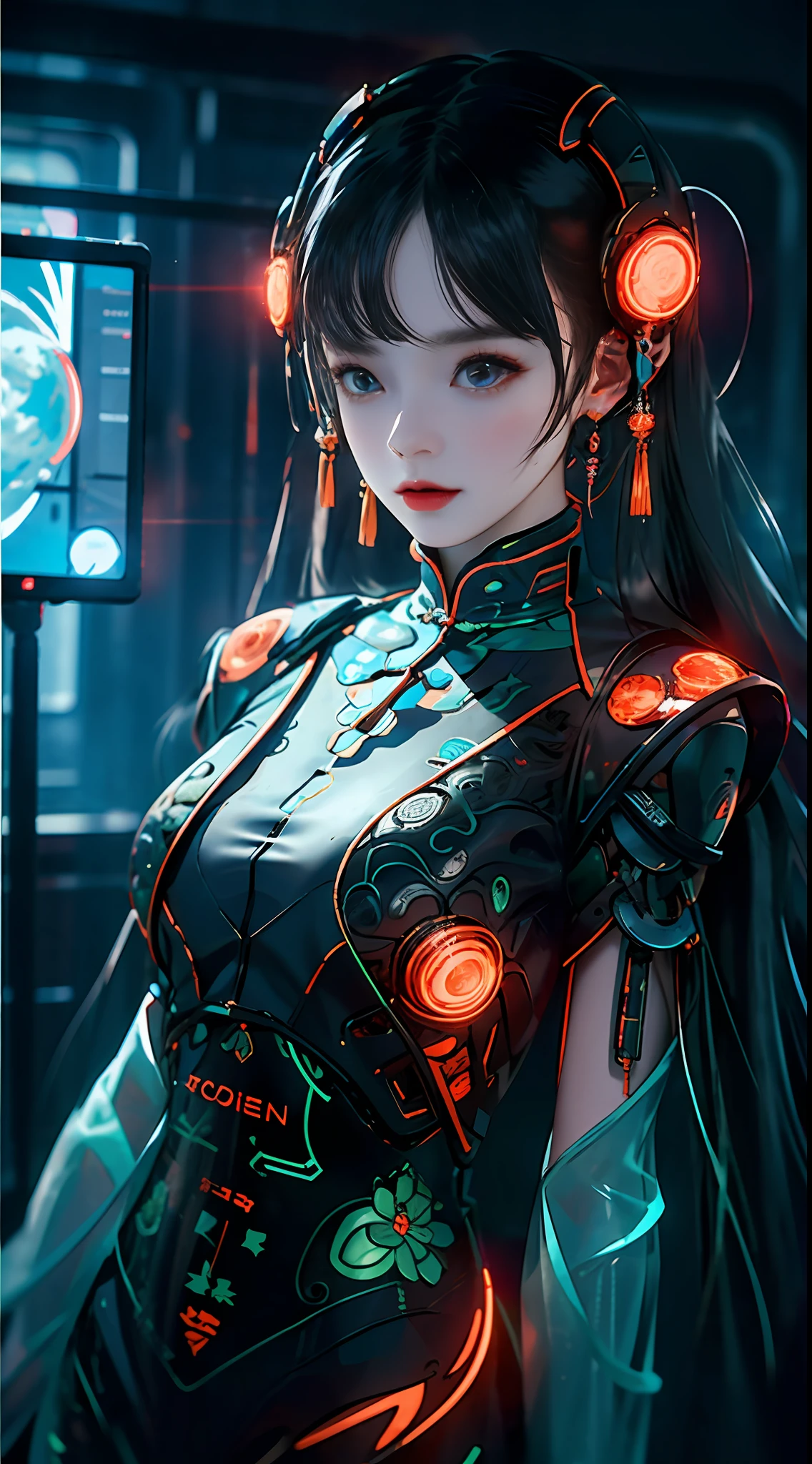 1 girl, Chinese_clothes, black and orange, cyberhan, cheongsam, cyberpunk city, dynamic pose, glowing headphones, glowing hair accessories, long hair, glowing earrings, glowing necklace, long straight hair flying messy, silver hair, cyberpunk, high-tech city, full of mechanical and futuristic elements, futurism, technology, glowing neon, orange, orange light, laser, digital background city sky, big moon, with vehicle, best quality, masterpiece, 8K, character edge light, Super high detail, high quality, the most beautiful woman in human beings, background many advertising light boxes