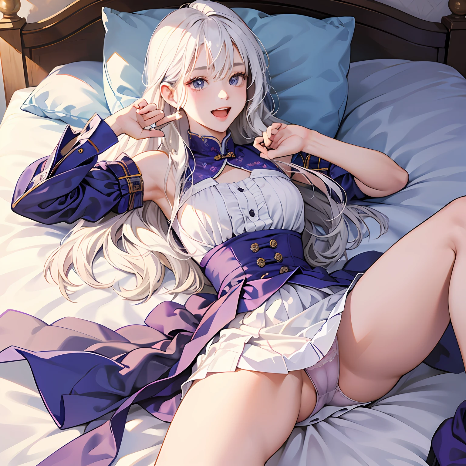 best qualtiy，tmasterpiece，超高分辨率，Realistic style，cold light，realistic illumination，RAW photogr，1girll，facing at the camera，long  white hair，Opens mouth and laughs，ren，delicated face，The body is curvy，Perfect dissection physique，Lying in bed，Spread your legs，detail-rich，Show off transparent panties，Describe carefully，detail-rich，Untie the white and purple skirt，high high quality，Hands are naturally open，Beautiful posture --auto