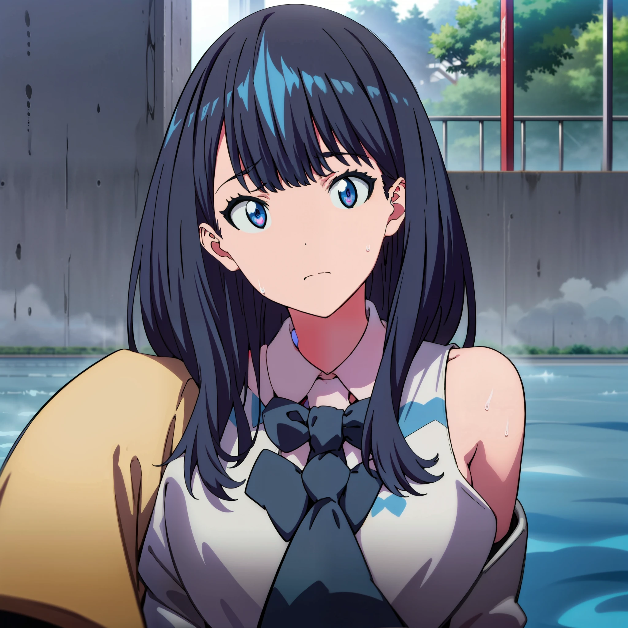 (ssss.gridman),1girl in,(​master piece),(top-quality),Perfectly pretty face,dynamicposes,A dark-haired,hi-school girl,swim wears,