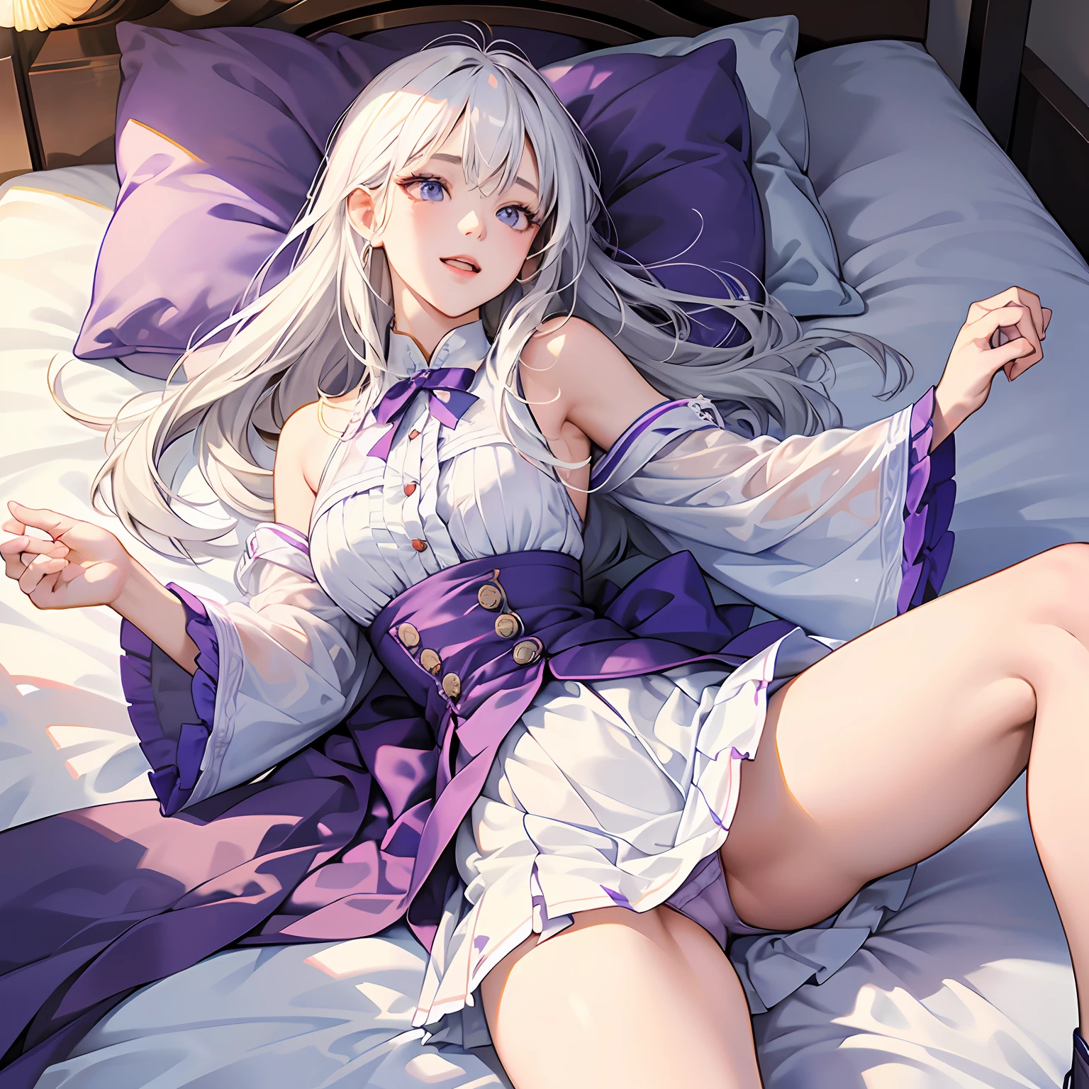best qualtiy,tmasterpiece,超高分辨率,Realistic style,cold light,realistic illumination,RAW photogr,1girll,facing at the camera,long white hair,Opens mouth and laughs,ren,delicated face,The body is curvy,Perfect dissection physique,Lying in bed,Spread your legs,detail-rich,Show off transparent panties,Describe carefully,detail-rich,Untie the white and purple skirt,high high quality,Hands are naturally open,Beautiful posture --auto