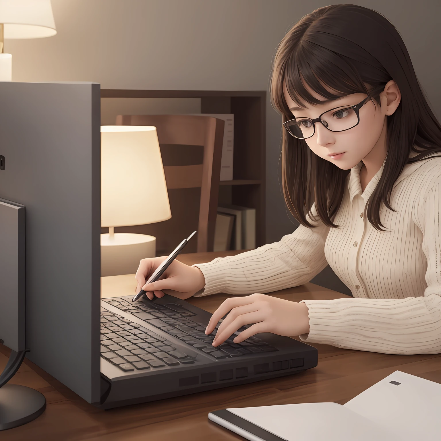 Girl studying with a computer; she's excited; intricate details; 4k; perfection in the details. --auto