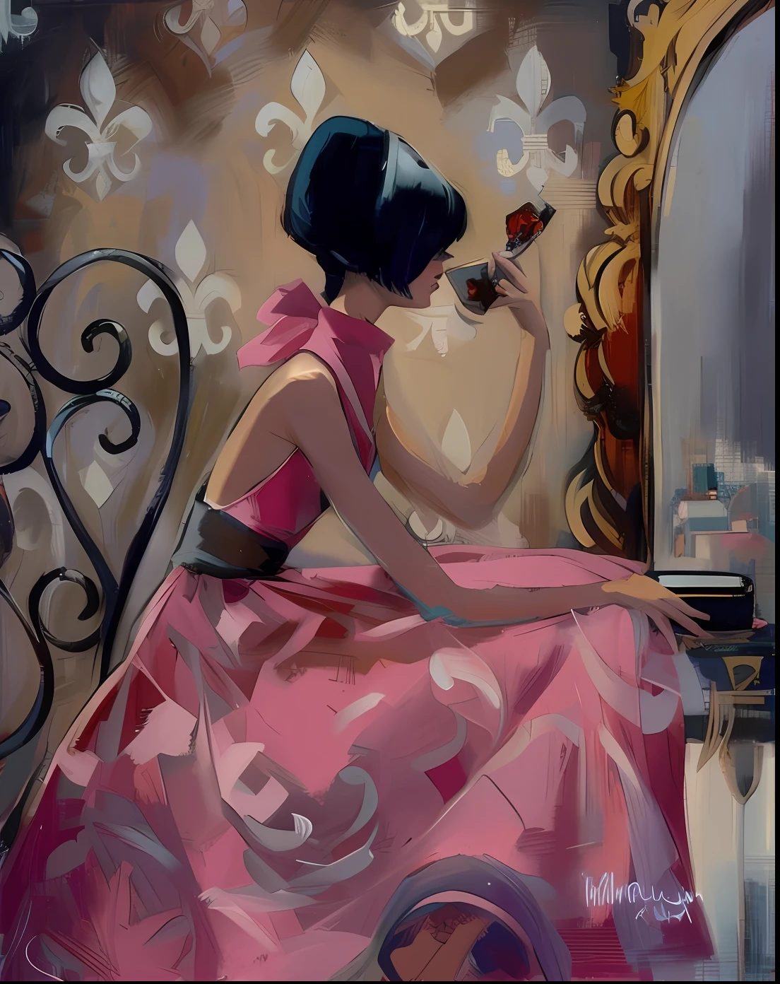 pintura de uma mulher em um vestido rosa sentado em frente a um espelho, Directed by: Sheila McClean, Otto Schmidt, Michael Carson, por John Alexander, Glen Orbik, Directed by: Pierre Roy, Directed by: Gee Vaucher, Directed by: Yvonne Jacquette, com um espelho, Esposa, No estilo de Steve Henderson, inspirado em Georges Emile Lebacq, Directed by: Craig Thompson, Glenn Barr