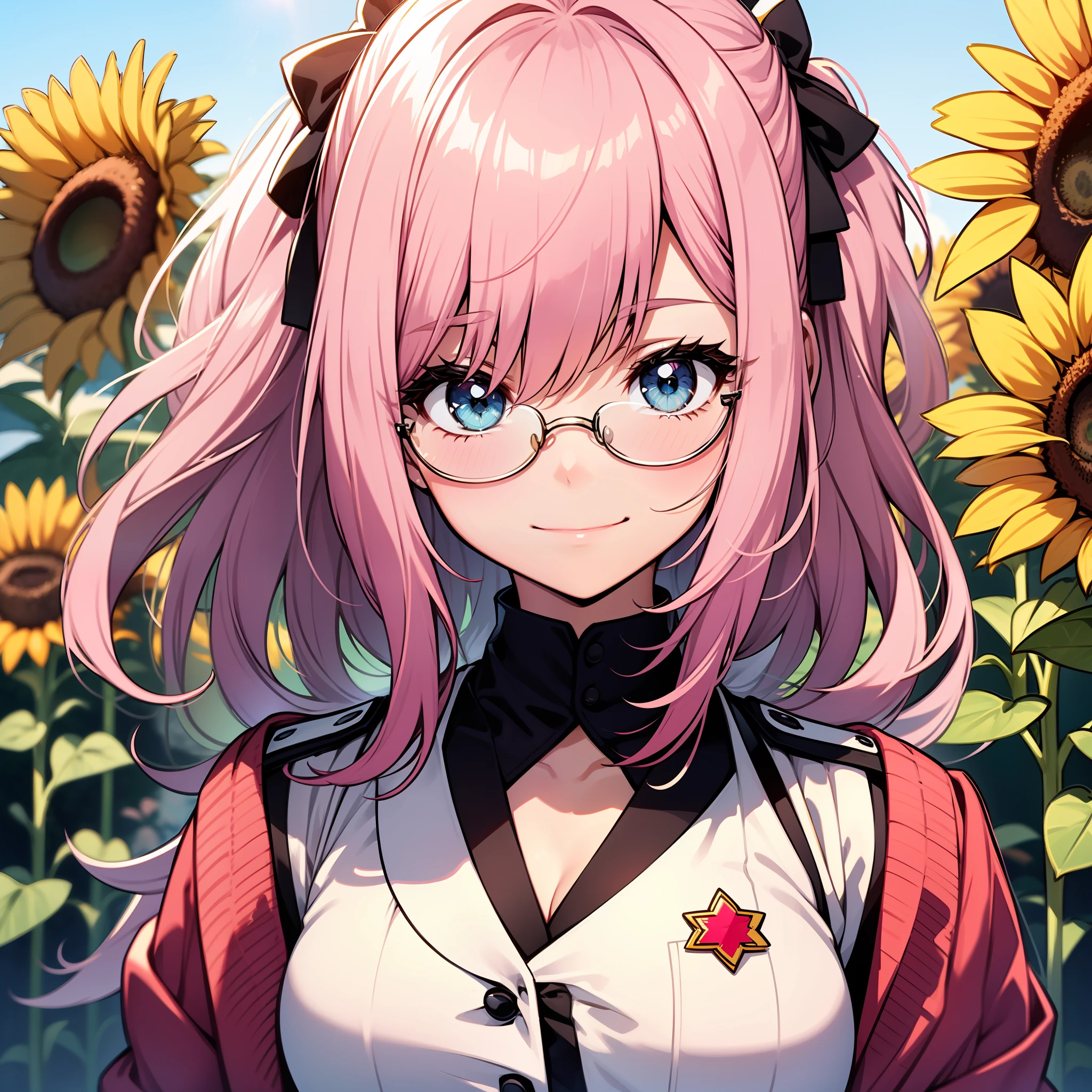 line-drawing,Pastel tones,Highest Quality,​masterpiece(high), thick outline,Rimless glasses, Petite girl,Punipuni, Pink hair color, Shiny hair,Cheerful smile,uniform, Idol,Bright background,Sunflower background, Dazzling morning sun,blue-sky,