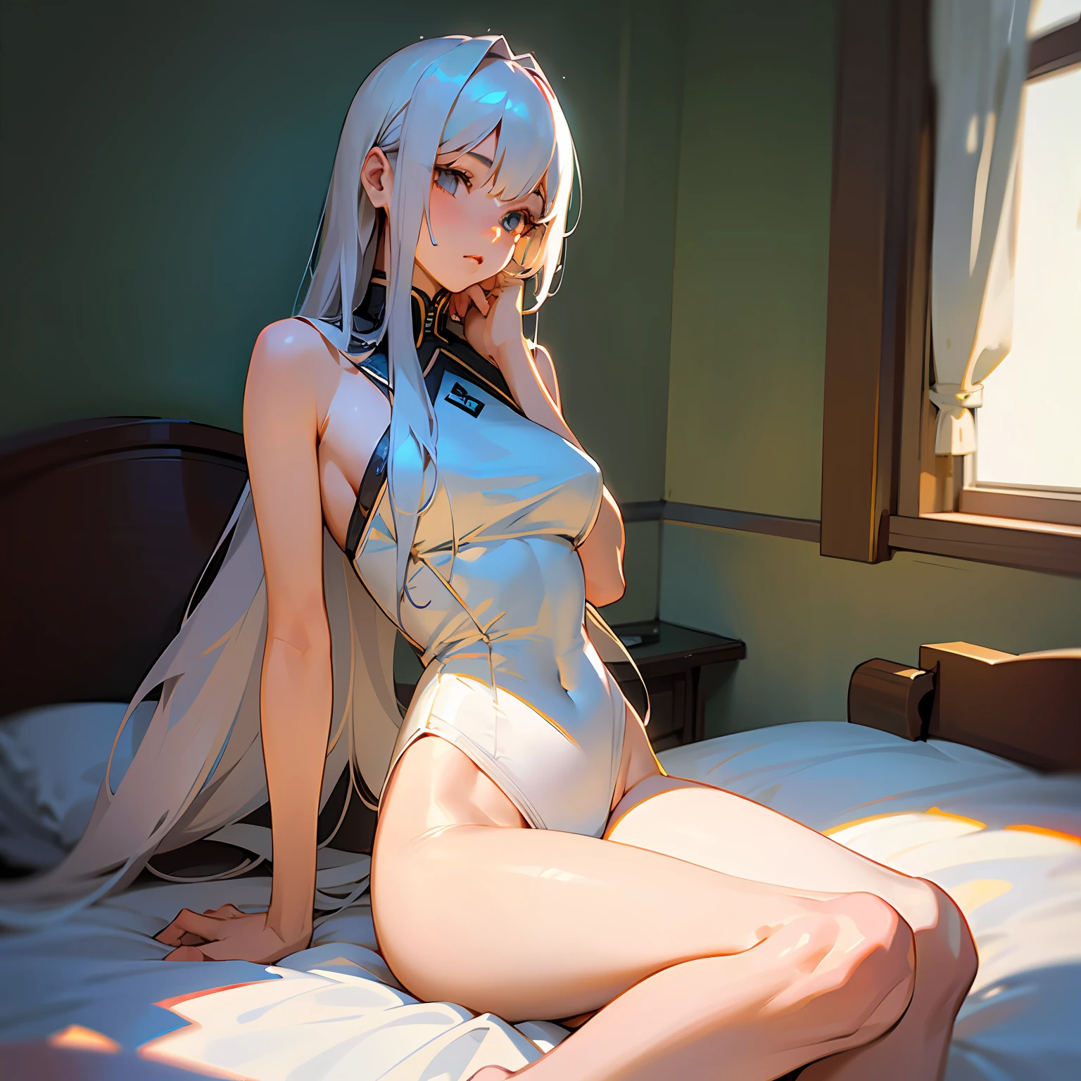 best qualtiy,tmasterpiece,超高分辨率,Realistic style,cold light,realistic illumination,RAW photogr,1girll,facing at the camera,long white hair,is shy,ren,delicated face,The body is curvy,Perfect dissection physique,Lying in bed,Spread your legs,detail-rich,Show off transparent panties,Describe carefully,detail-rich,no clothes are worn,seminude,high high quality,Hands are naturally open,Beautiful posture --auto