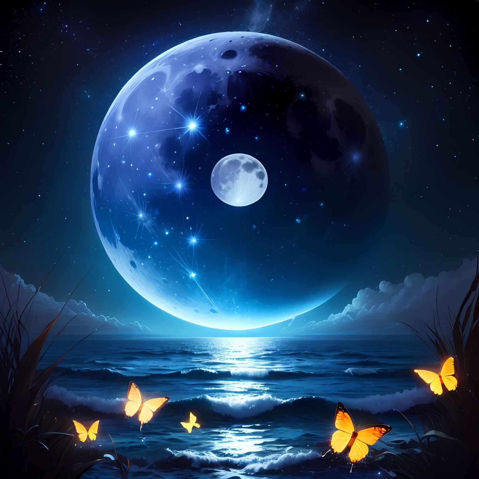 Blue Star Sea White Full Moon Starry sky scenery with butterflies floating in the starry sky