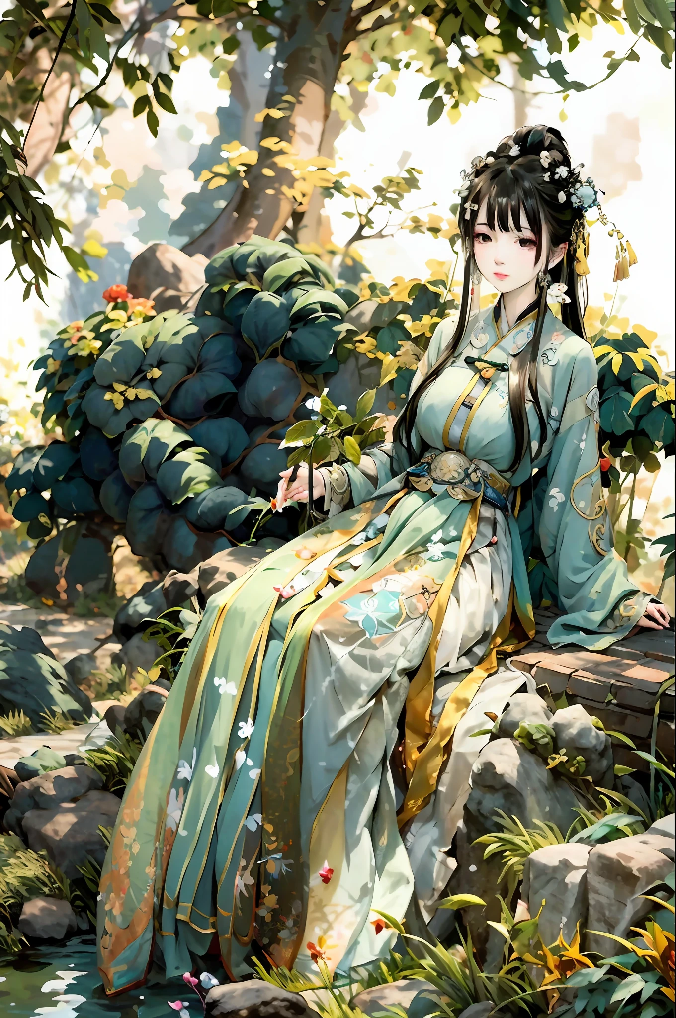 Painting a woman sitting on a stone in the garden, Palace ， A girl in Hanfu, by Yang J, heise-lian yan fang, Guviz, Digital art on Pixiv, Hanfu, anime styled digital art, author：Shitao, Anime art, made with anime painter studio, bian lian, goddess of nature, author：Yu Zheding