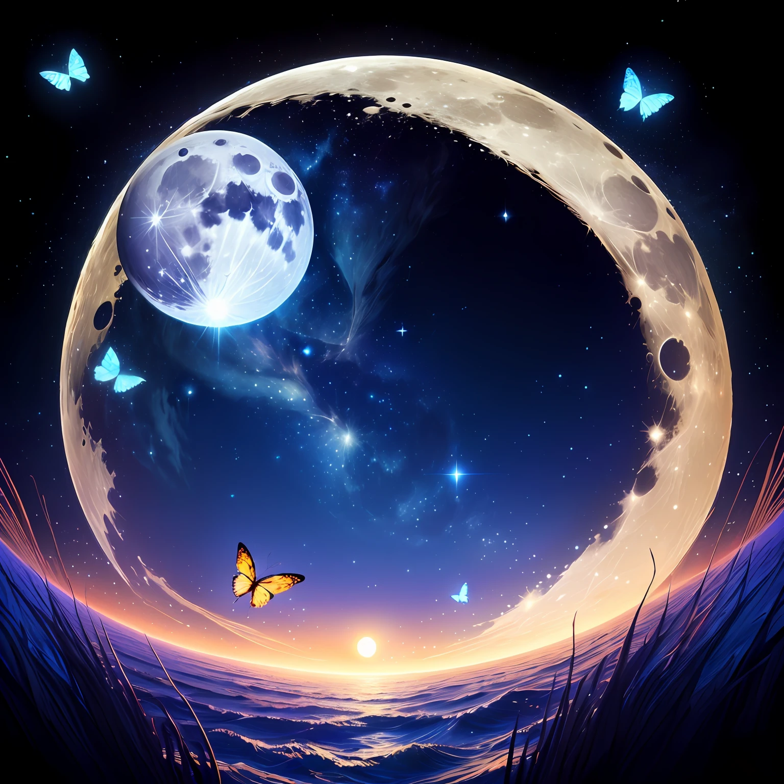 Blue Star Sea White Full Moon Starry sky scenery with butterflies floating in the starry sky