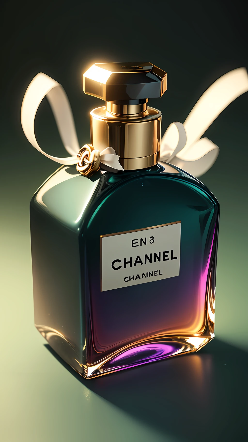 Luxury perfume bottle on dark green background,Chanel,C4D Visualizer,goldtrim,The light sensation is intense,best qualityer,9:16,Delicate portrayal,tmasterpiece。 --auto