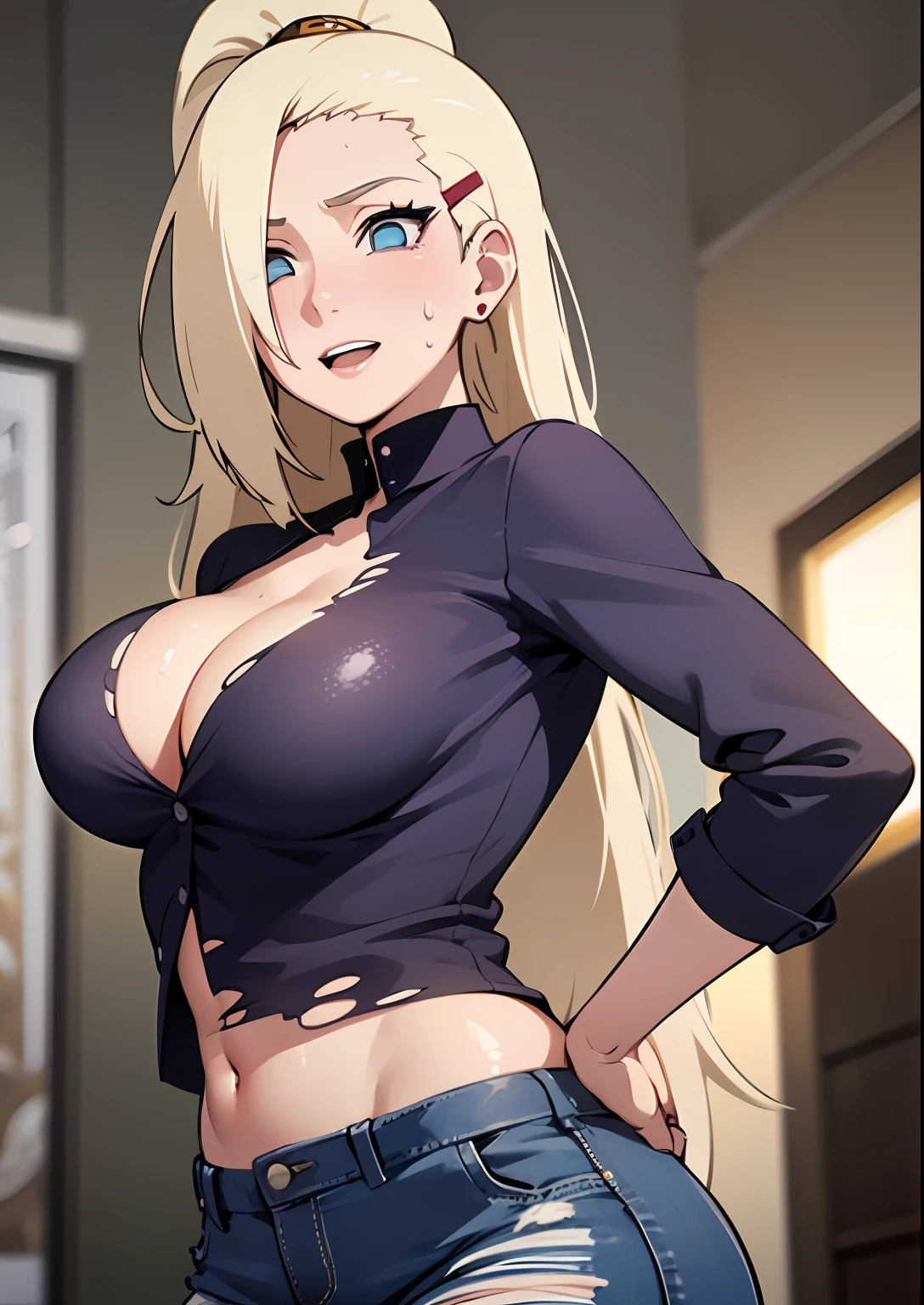 (beste-Qualit, 8K, 12), yamanaka ino, 1 girl, giant breast, the perfect body, ultra detail face, detailed lips, Slender Eyes, décolleté, Shirt, torn jeans, Standing, seductive, Excited, areolas, in heat, Milf, sperm, the sweat, From Bottom,