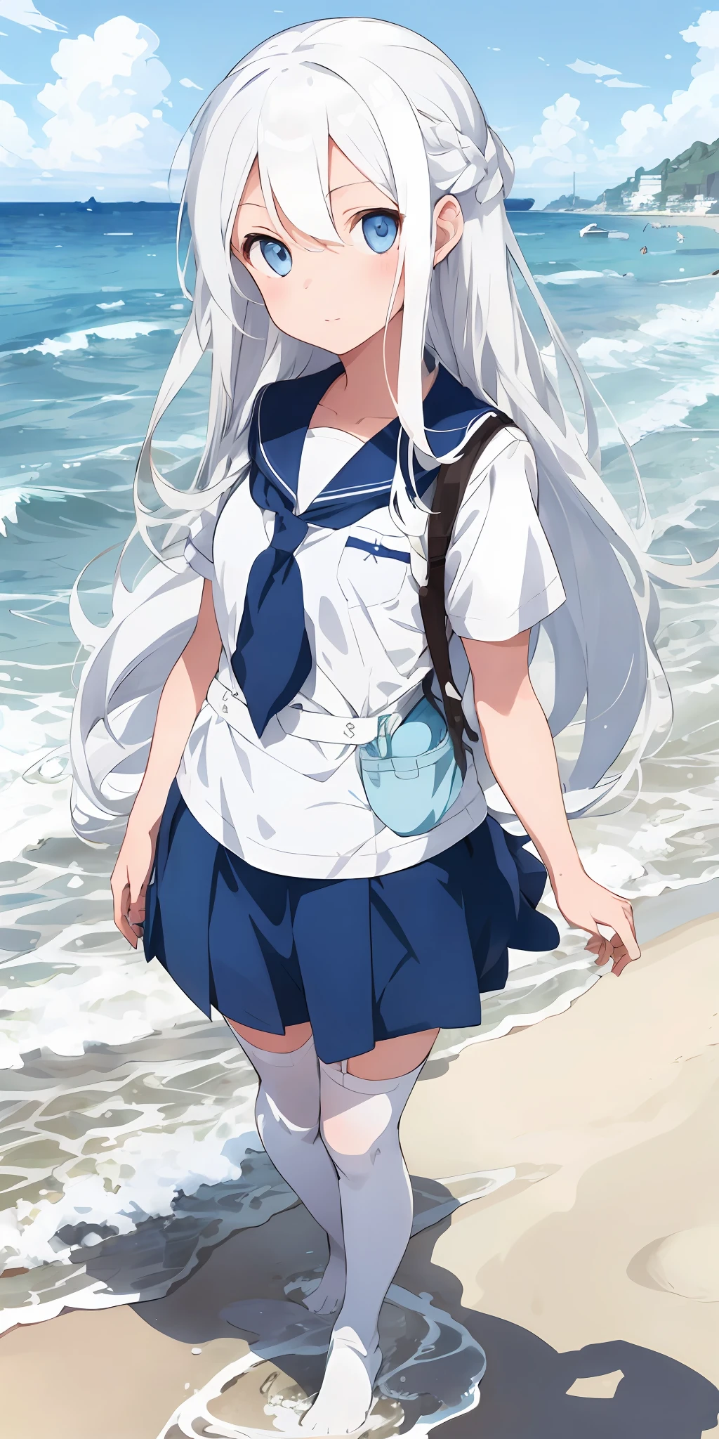 1girl, beautiful detailed eyes, long white hair, light blue eyes, school uniform, high white stocking, lustrous skin, seaside, beach, waves, high contrast, ((masterpiece, best quality))