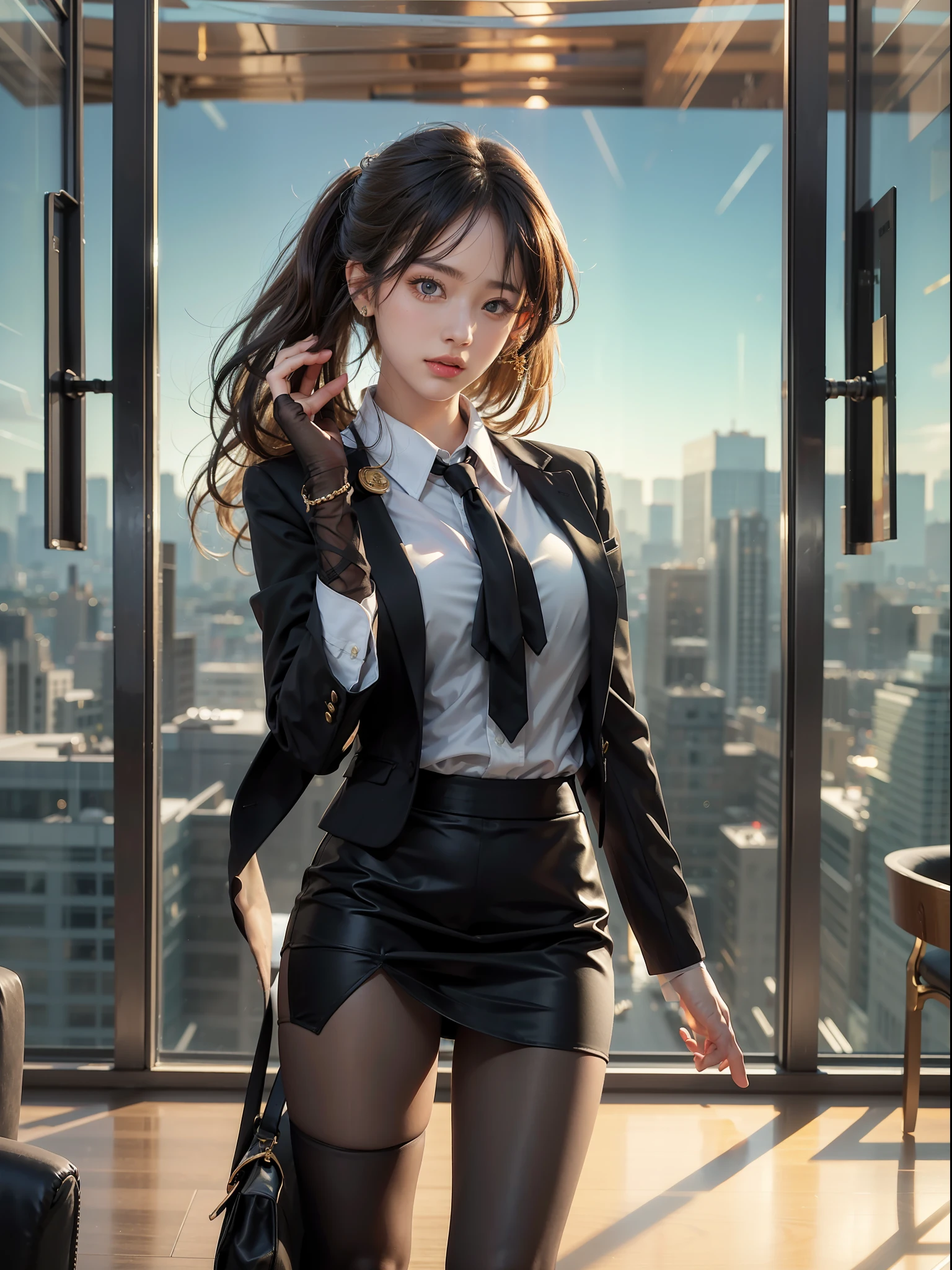 Girl in black suit, white shirt, black tie with gold ornaments, in a sophisticated office setting, in the background is a large window through which you can see the sky line of tokyo, best quality, masterpiece, 1girl, Beautiful face, (photo realistic:1.3), rim lighting, (high detailed skin:1.2), 8k uhd, dslr, high quality, high resolution, Bokeh, absurdres, best ratio four finger and one thumb, (realistic:1.3), cute 1girl, wearing black formal blazer, medium breasts, short skirt.