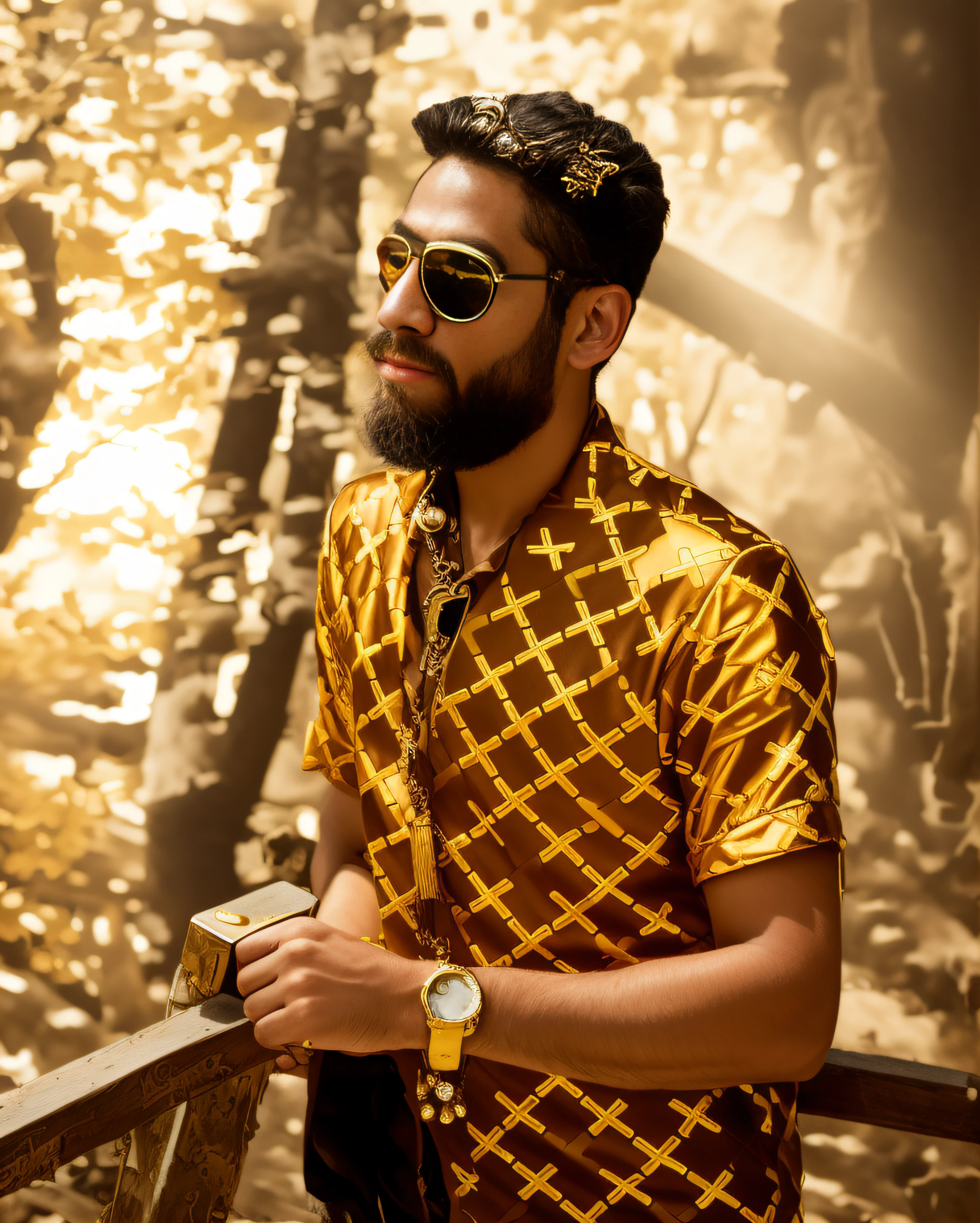 masterpiece, best quality, photorealistic ,fashionmonkey, gorilla, eyewear on head, gears, gem, goggles , gold, jewelry, magic circle,male_focus, owl, pants, shoes, sunglasses, tassel, throne,