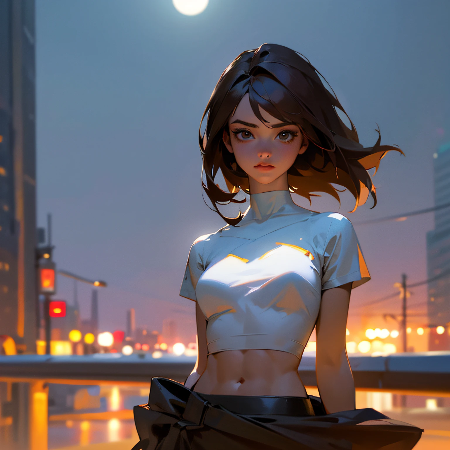 ((Realistic lighting, Best quality, 8K, Masterpiece: 1.3)), Clear focus: 1.2, 1girl, Perfect Figure: 1.4, Slim Abs: 1.1, ((Dark brown hair)), (White crop top: 1.4), (Outdoor, Night: 1.1), City streets, Super fine face, Fine eyes, Double eyelids, --auto