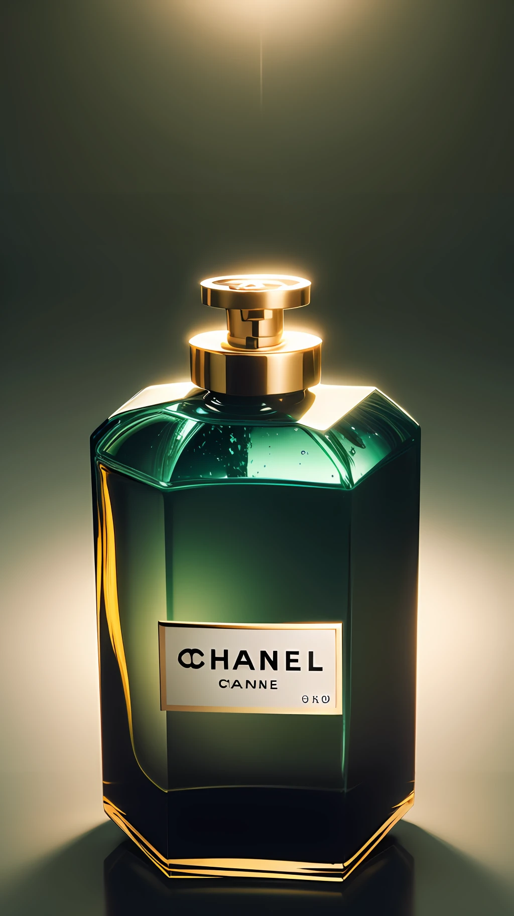 Luxury perfume bottle on dark green background,Chanel,C4D Visualizer,goldtrim,The light sensation is intense,best qualityer,9:16,Delicate portrayal,tmasterpiece。 --auto