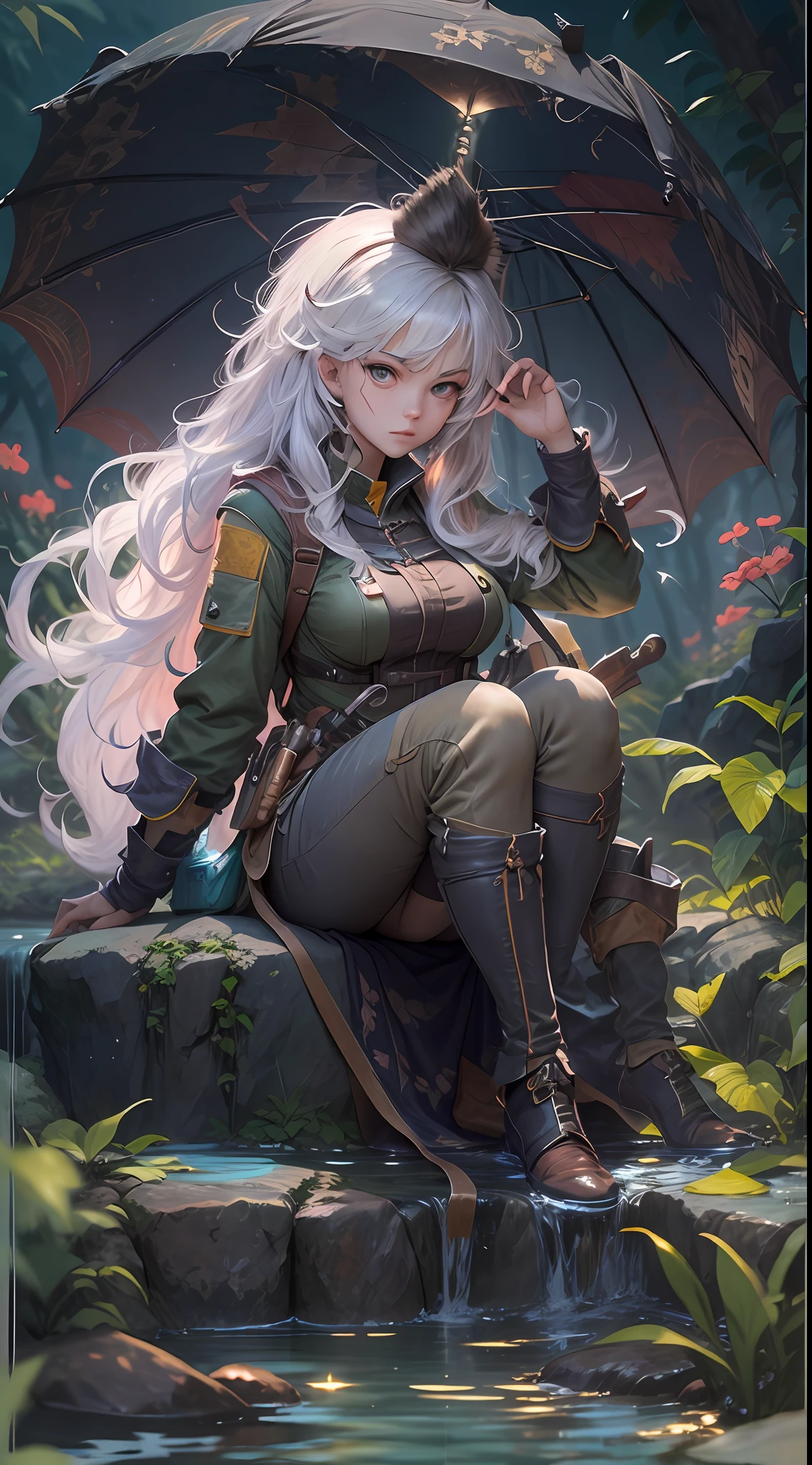 ((best qualtiy)), ((tmasterpiece)), (A detailed:1.4),Enhanced dynamic perspective,jungles,nighttime scene,starrysky,(darkly:1.4),((The old adventurer sits on the stone,A glowing stream flowed in front of him)),(Adventurer backpack),(weeds),florals,(((adventurer clothing))),super-fine,Works of masters,high qulity,8K分辨率,depth of fields,电影灯光,Epic shooting,high qulity,super-fine,Detailed pubic hair,Accurate,Cinematic lighting,
