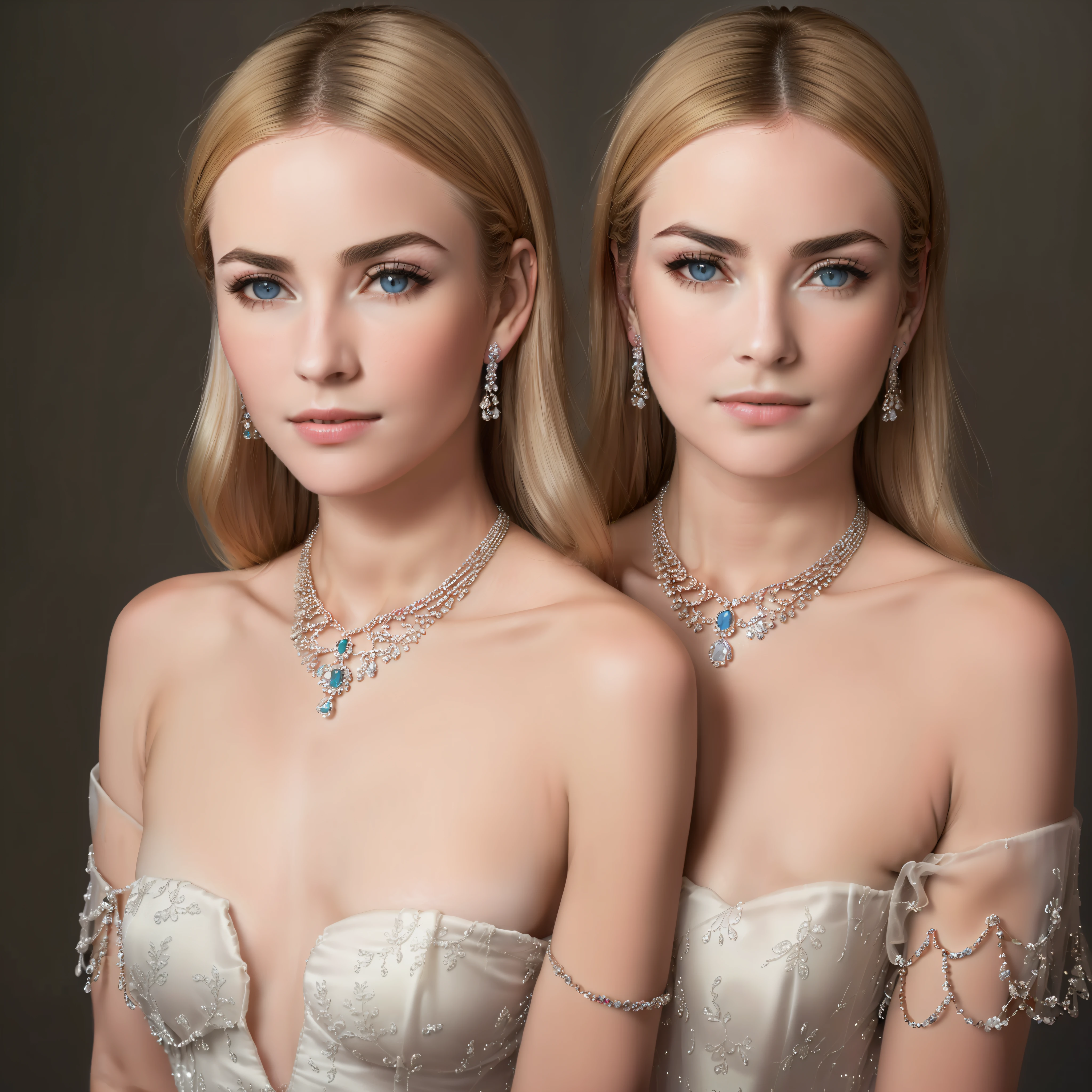 tmasterpiece，high high quality，4K，Beautiful jewelry design，Sparkling luxury necklace，，from the above，top angle，（Redshift style：1.1），（analogue style：1.1），Raised sexy，realisticlying，photo shot，professinal，hight contrast，Woman with blonde hair，[Ella Fanning|Elsa Jane]， 1girl， 独奏， expressive look， HDR， HighestQuali， tack sharp focus， looking at viewert， face to the viewer， 8k， eBlue eyes，

Parul jewelry，A woman wearing a dress and necklace，Wearing Parul jewelry，
