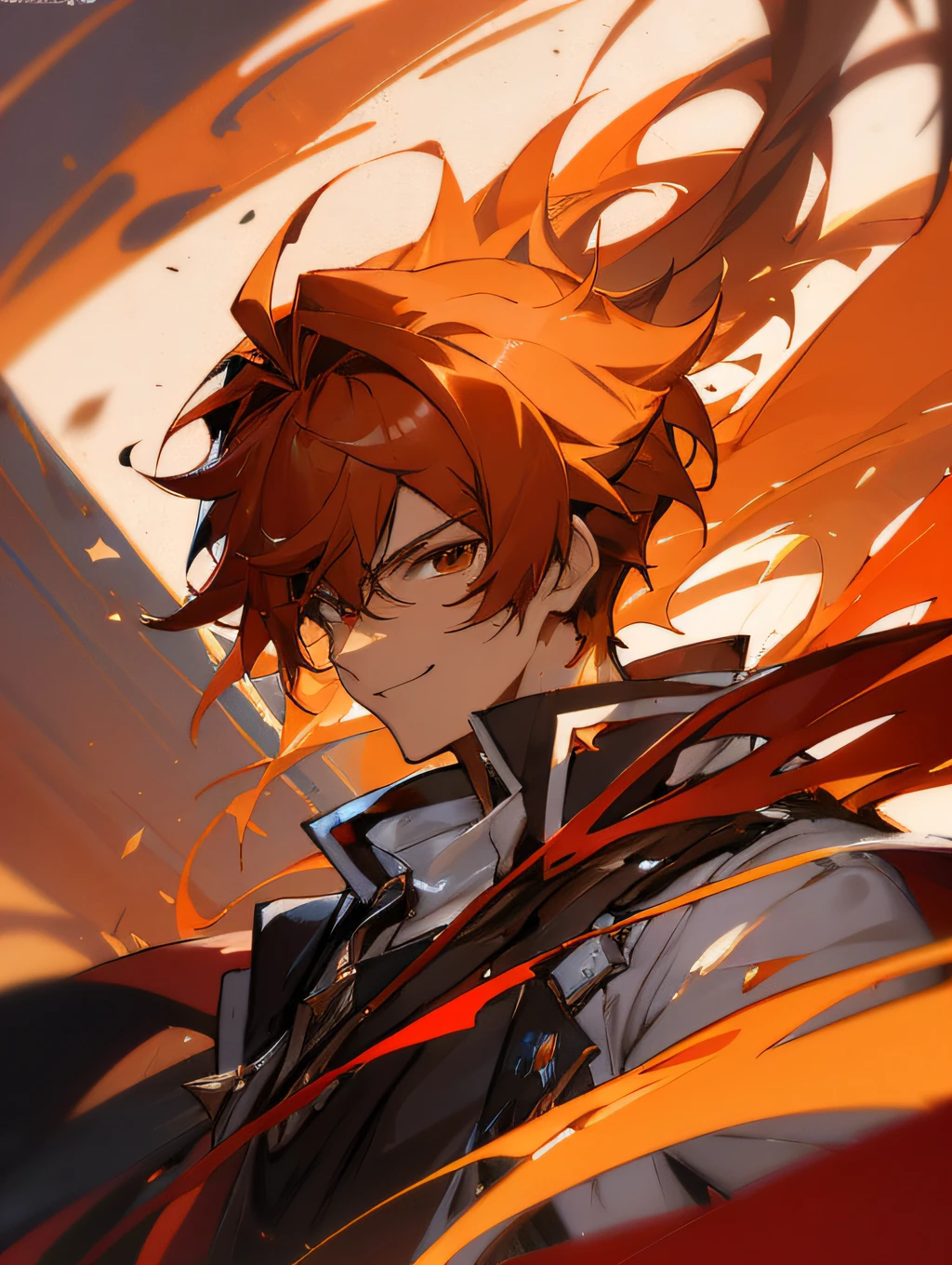 《elsword》A single-player portrait of the in-game character Elsword,Handsome youth(((18yr old)))mtu,cheely smile,NSFW,impressionistic,((Oil painting by John Berkey))Brush strokes,Negative space,red and orange hues,cavalier