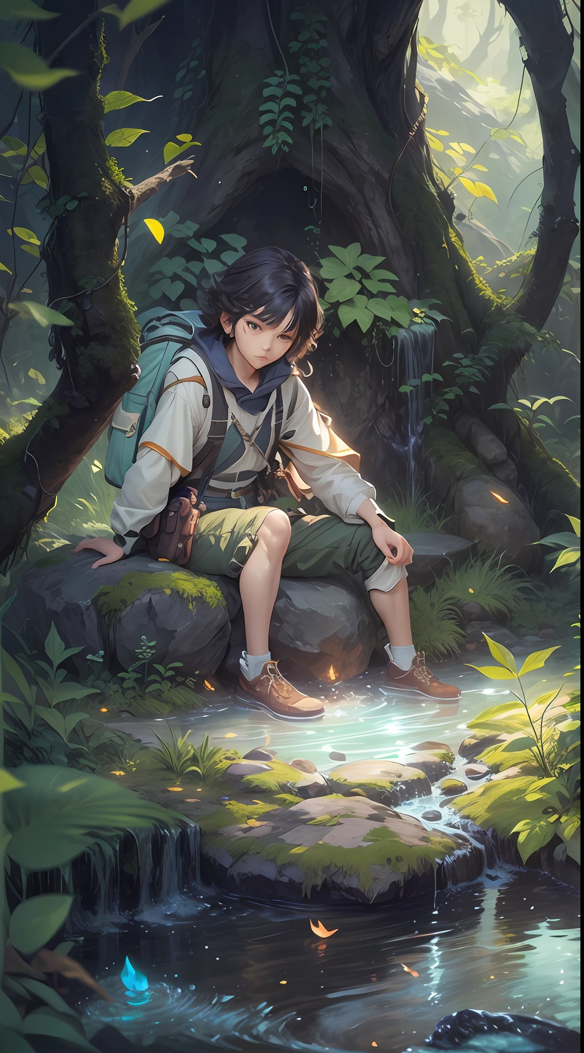 ((best qualtiy)), ((tmasterpiece)), (A detailed:1.4),Enhanced dynamic perspective,jungles,nighttime scene,starrysky,(darkly:1.4),((The old adventurer sits on the stone,A glowing stream flowed in front of him)),(Adventurer backpack),(weeds),florals,(((adventurer clothing))),super-fine,Works of masters,high qulity,8K分辨率,depth of fields,电影灯光,Epic shooting,high qulity,super-fine,Detailed pubic hair,Accurate,Cinematic lighting,