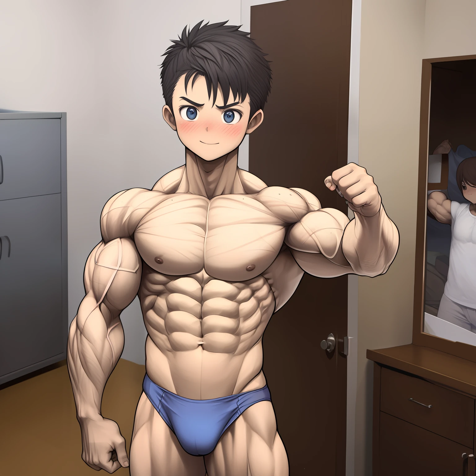 (( boy)),((byself)),1boy ,Topless male,Strong, inside in room,ssmile,blushing slightly,short detailed hair,brunette color hair,cute face,Swollen muscles,Height one meter five,Show off your muscles